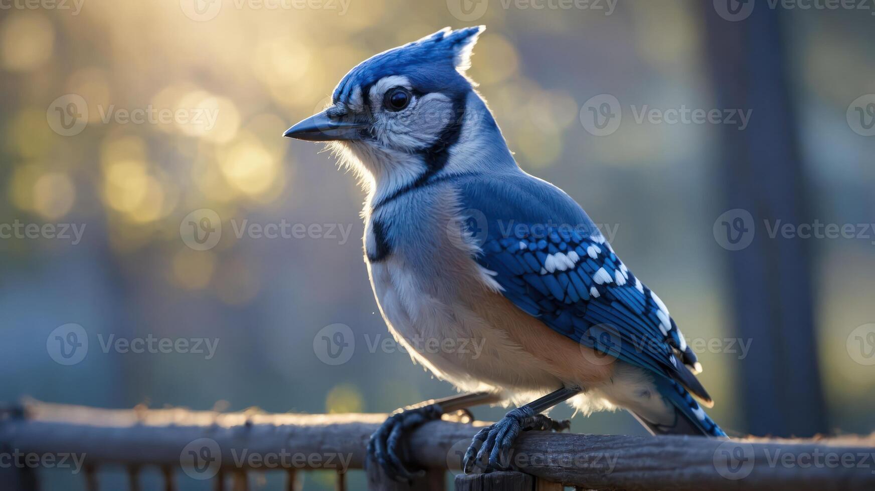 A blue jay perched on a fence, illuminated by soft, warm sunlight. photo