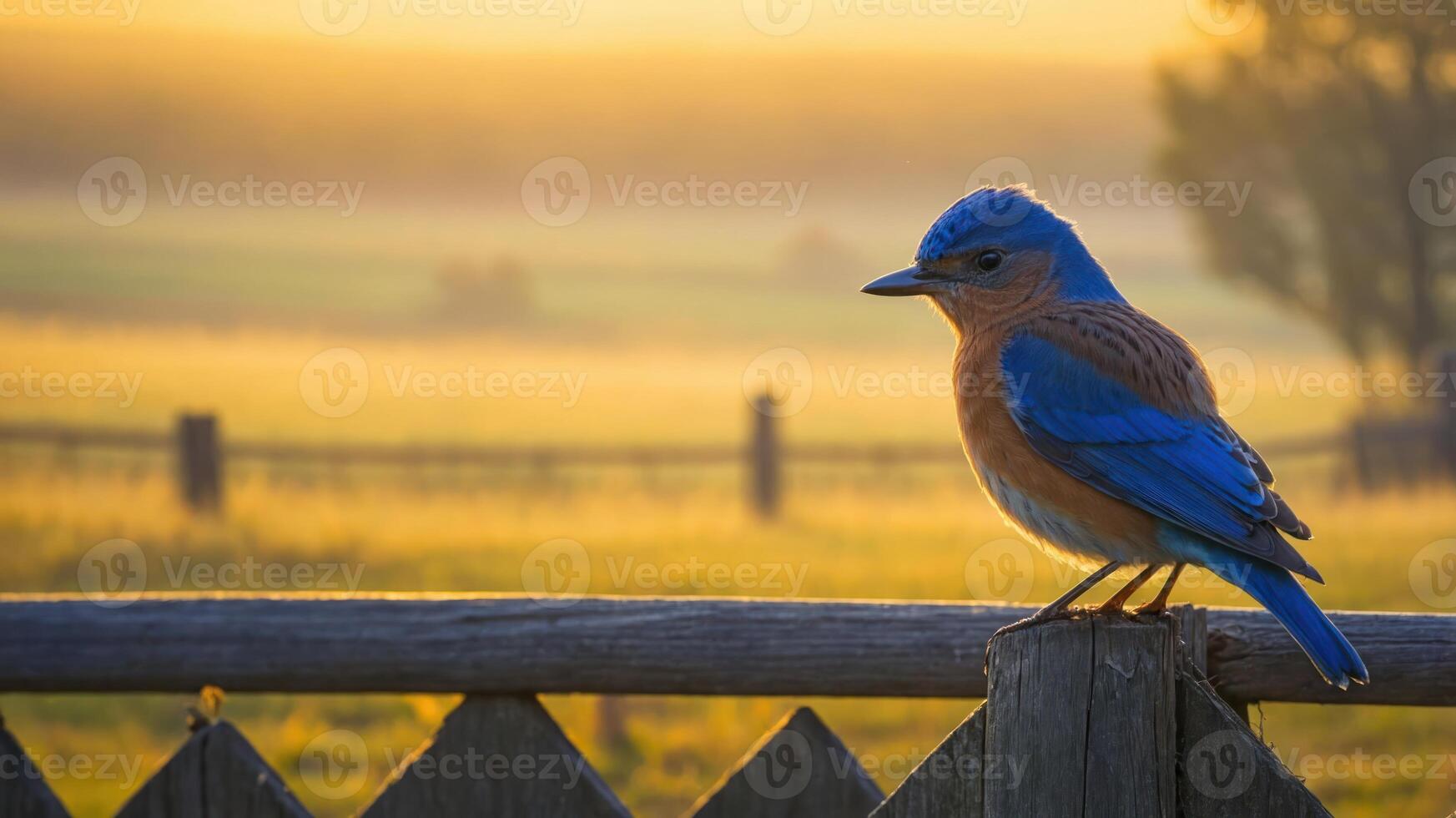 A bluebird perched on a fence during a serene sunrise in a rural landscape. photo
