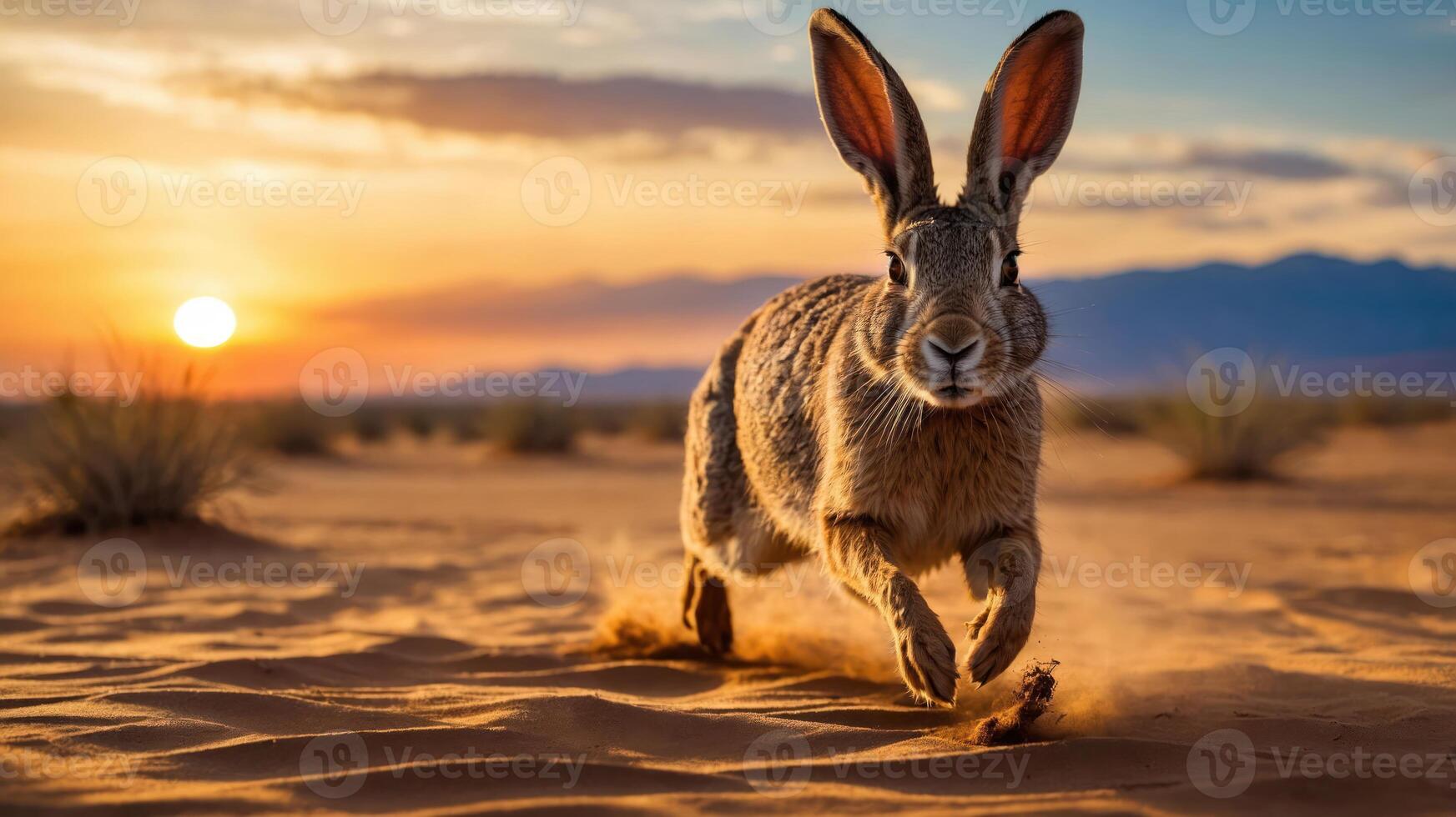 A rabbit running through a desert landscape at sunset. photo