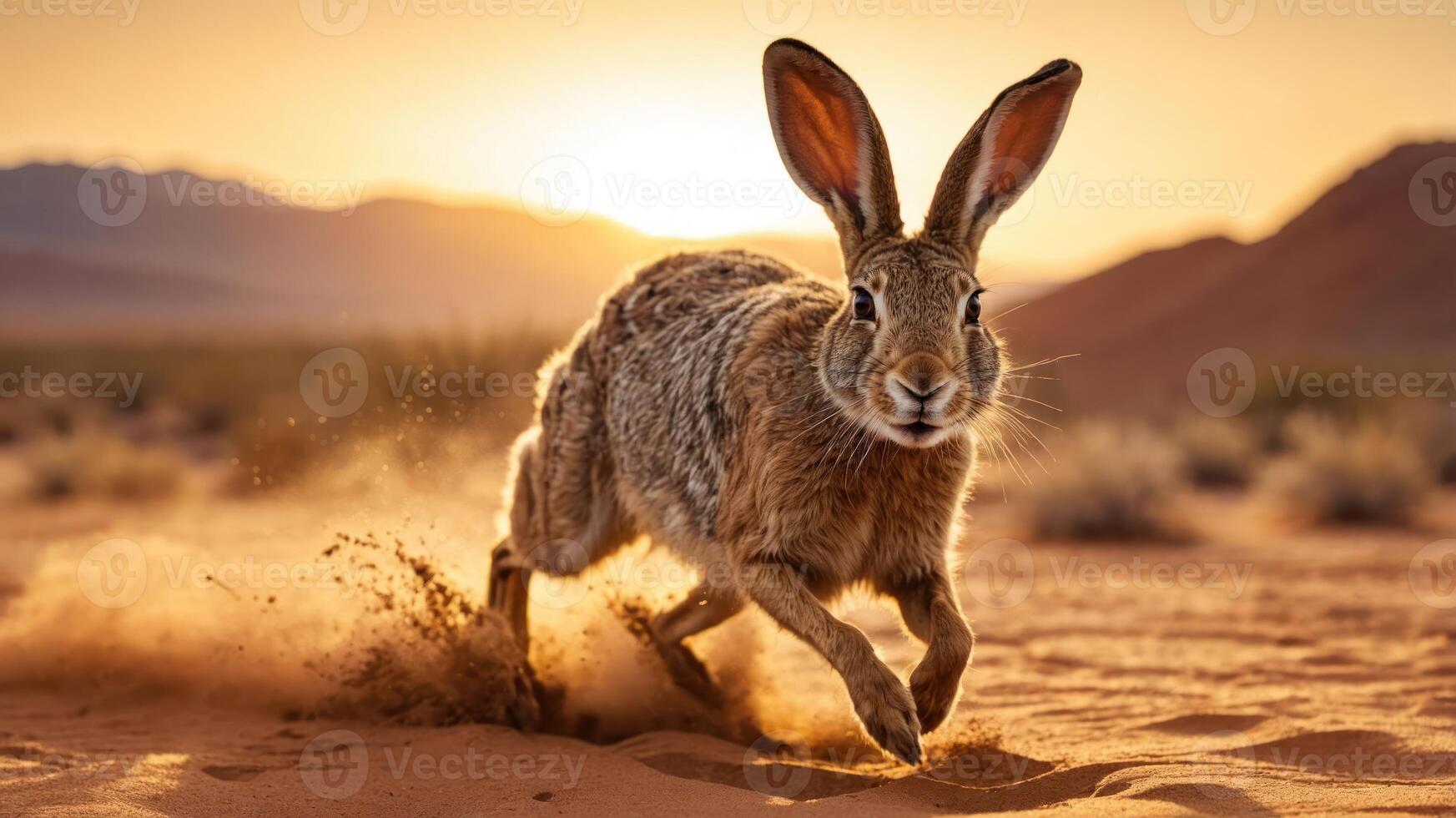 A rabbit running through the desert at sunset, capturing a moment of wildlife in motion. photo