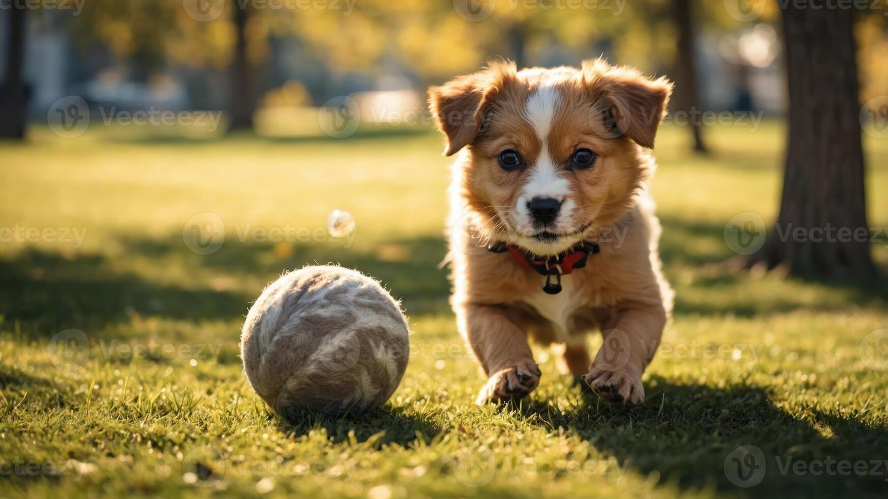 A playful puppy running towards a ball in a sunny park. photo