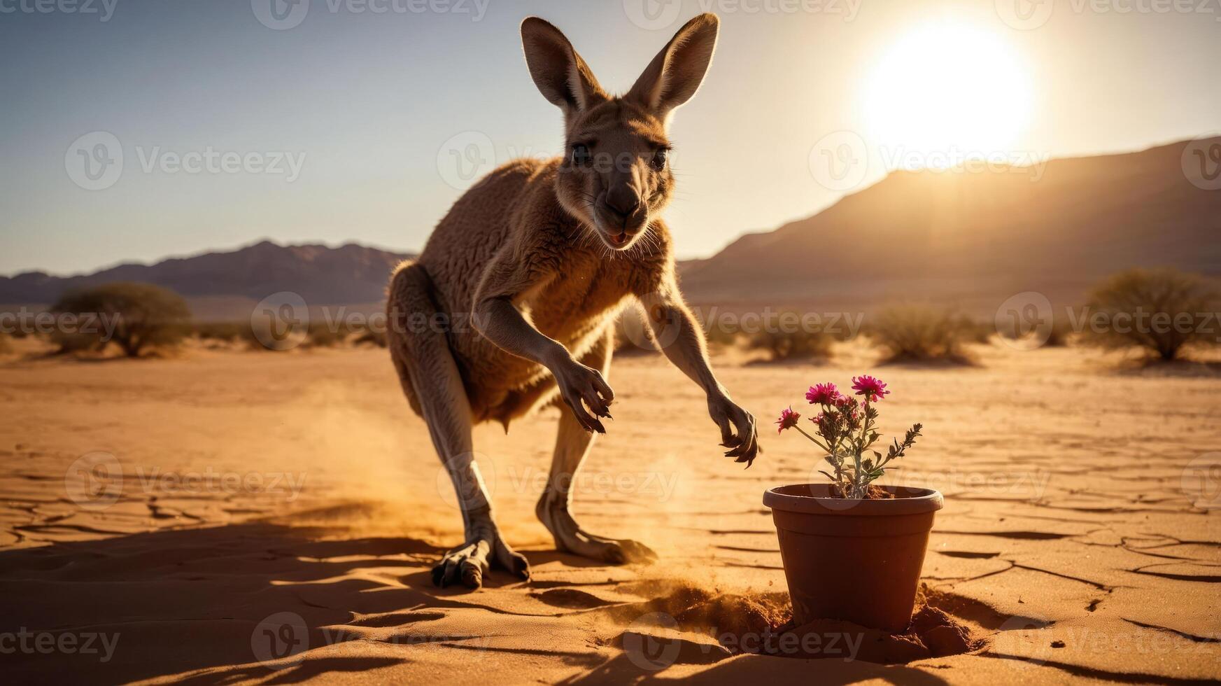 A kangaroo approaches a potted flower in a desert landscape at sunset. photo