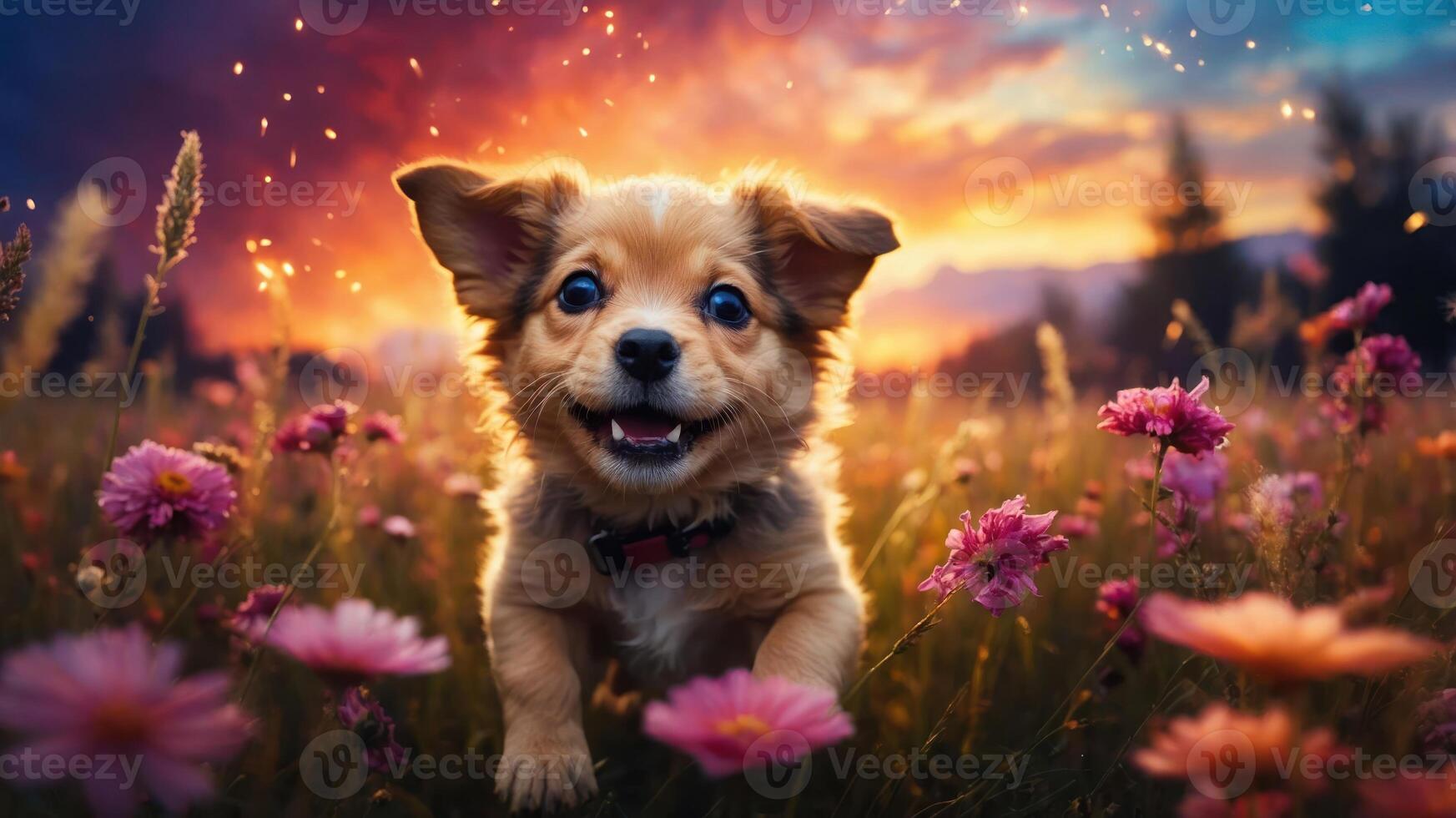 A joyful puppy running through a vibrant flower field at sunset. photo
