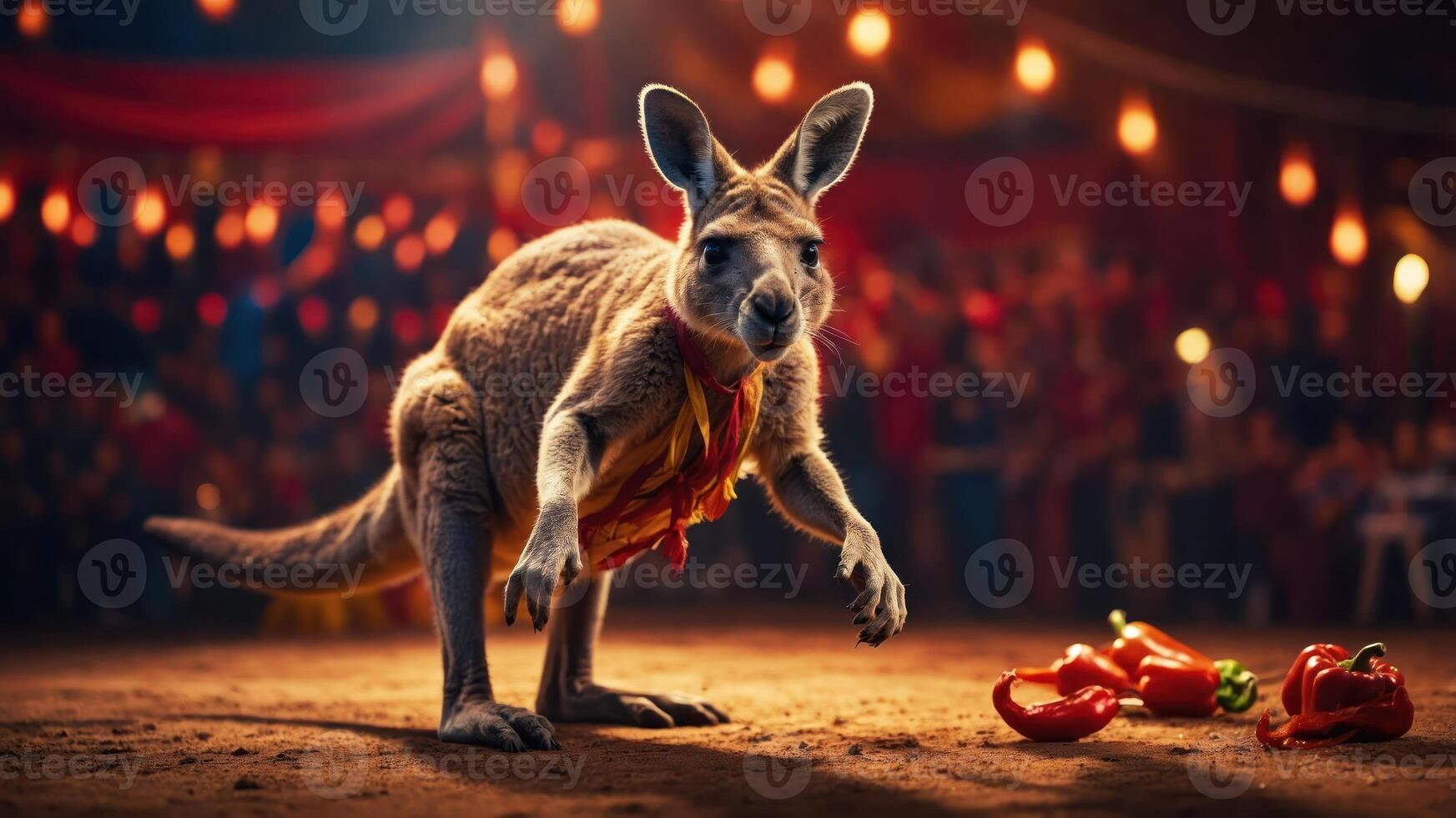 A kangaroo stands in a lively setting, surrounded by spectators and red peppers. photo