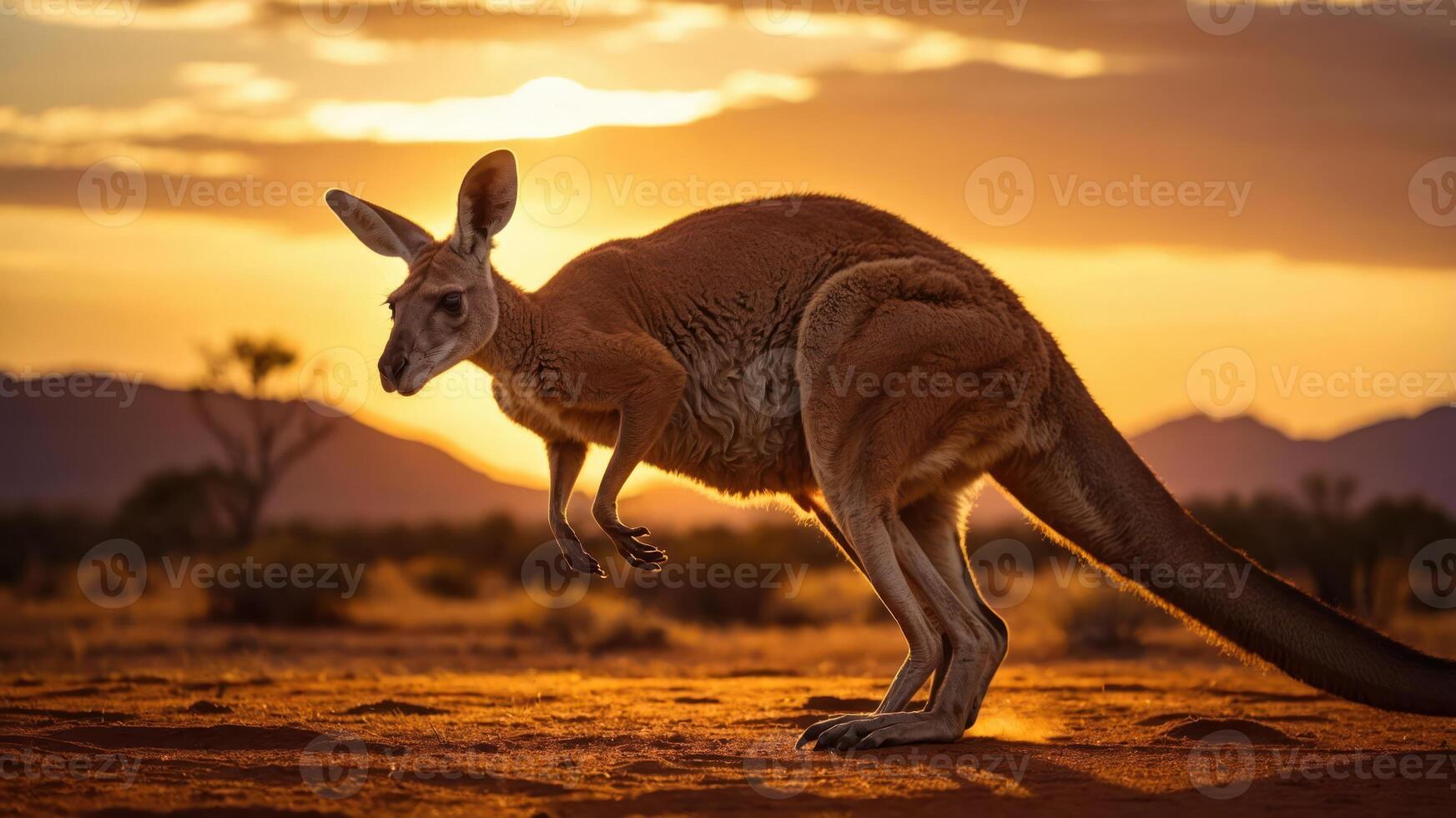 A kangaroo silhouetted against a sunset in a desert landscape. photo