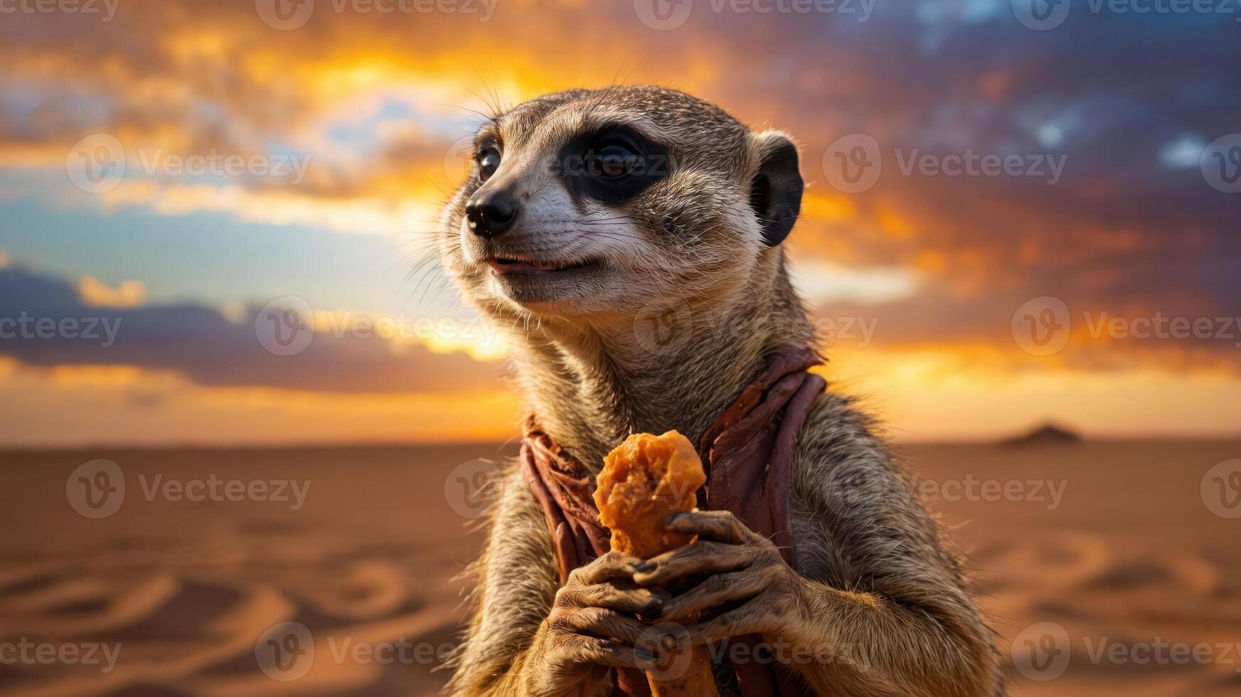 A meerkat holds a piece of food against a dramatic sunset backdrop in a desert setting. photo