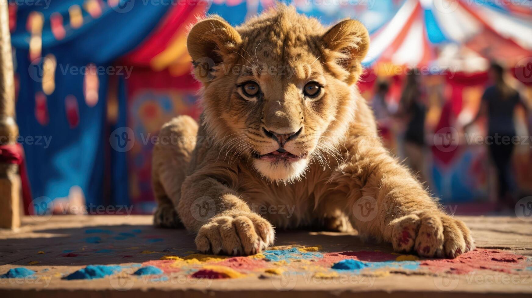 A young lion cub rests on a colorful surface in a lively circus environment. photo