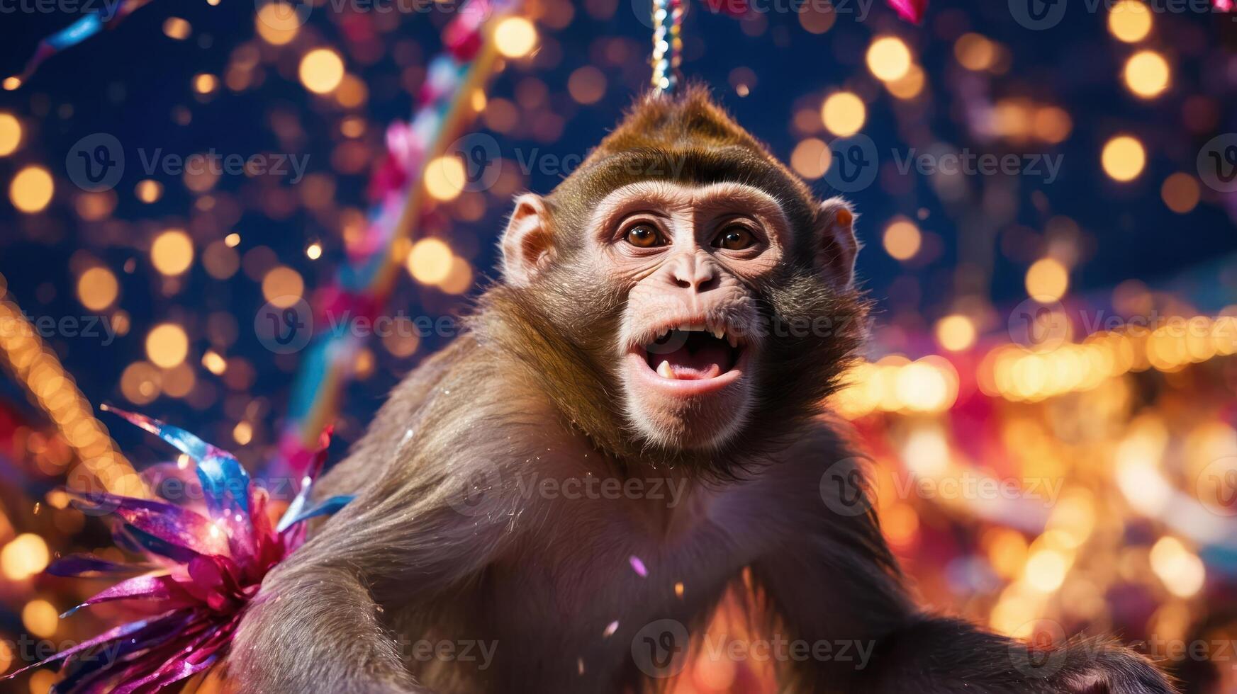 A joyful monkey celebrating amidst colorful lights and festive decorations. photo