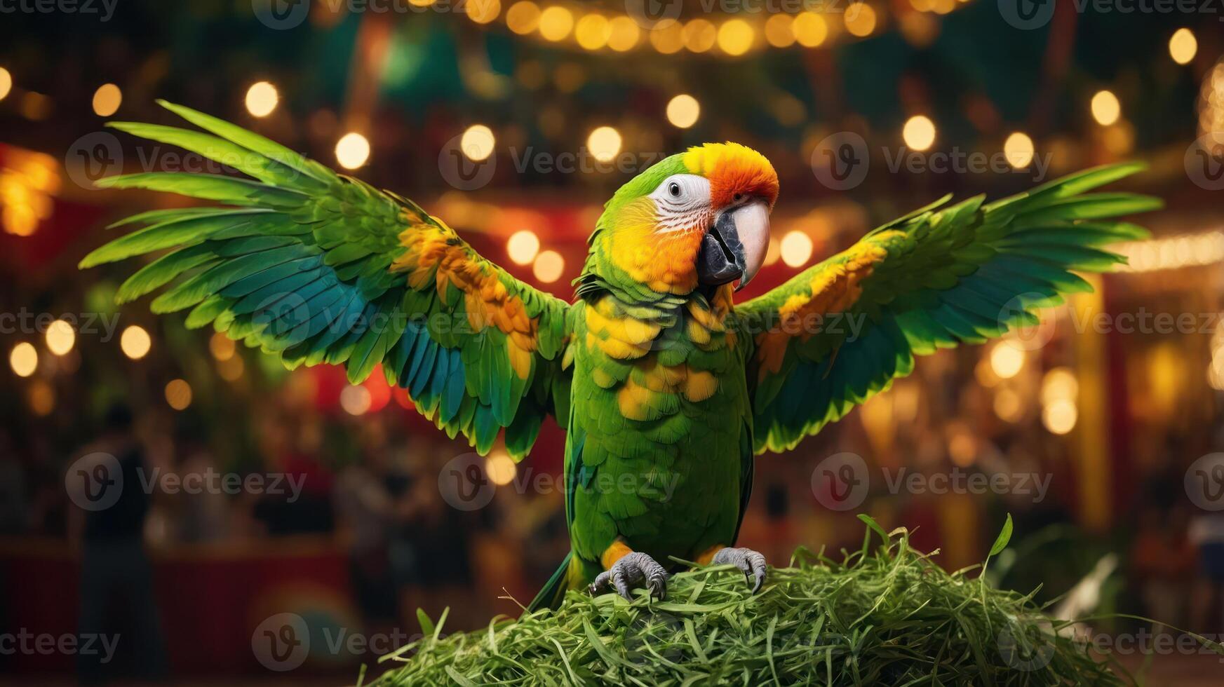 A vibrant parrot with outstretched wings stands on grass, surrounded by festive lights. photo