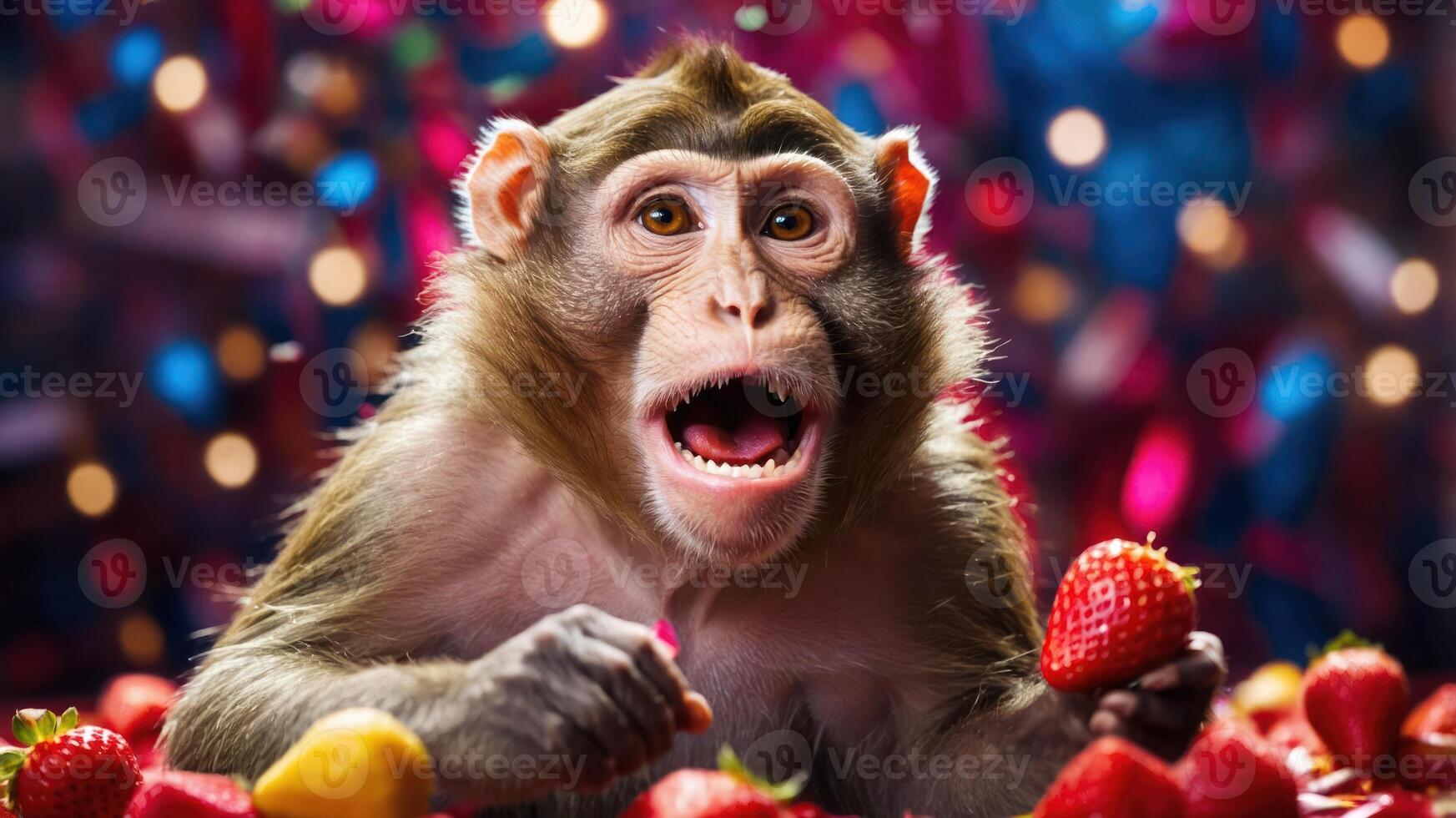A monkey excitedly holds strawberries amidst a colorful, festive background. photo