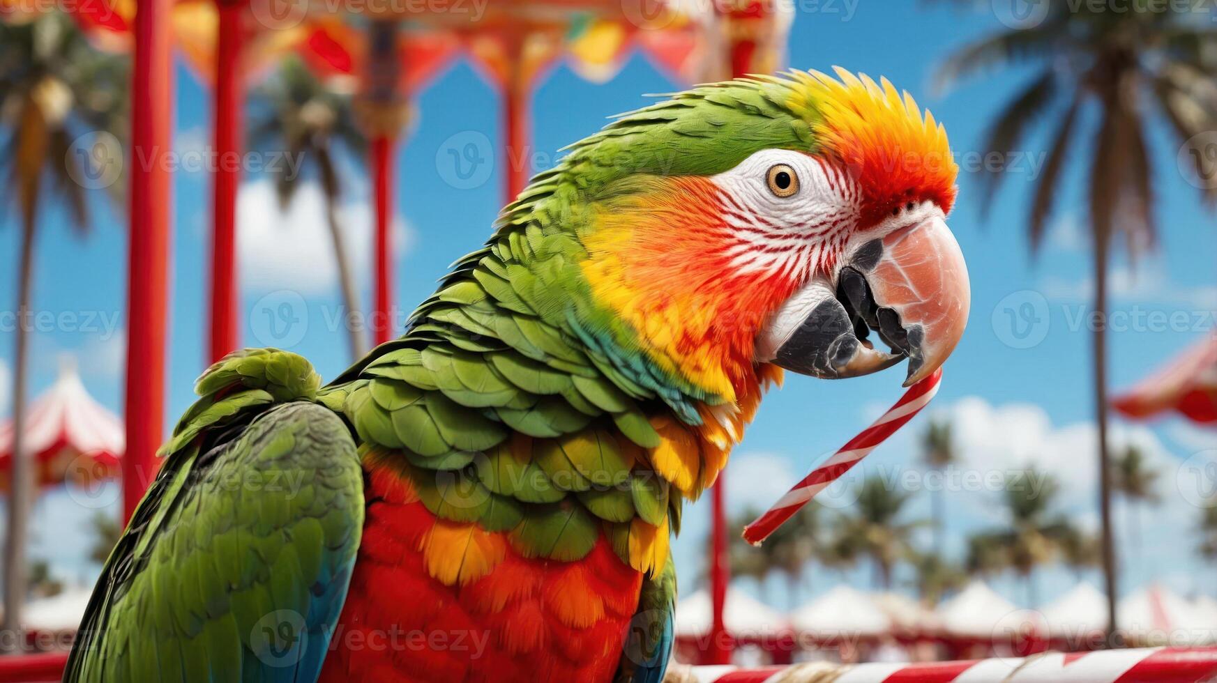 A colorful parrot holding a candy cane against a vibrant background of palm trees and blue sky. photo