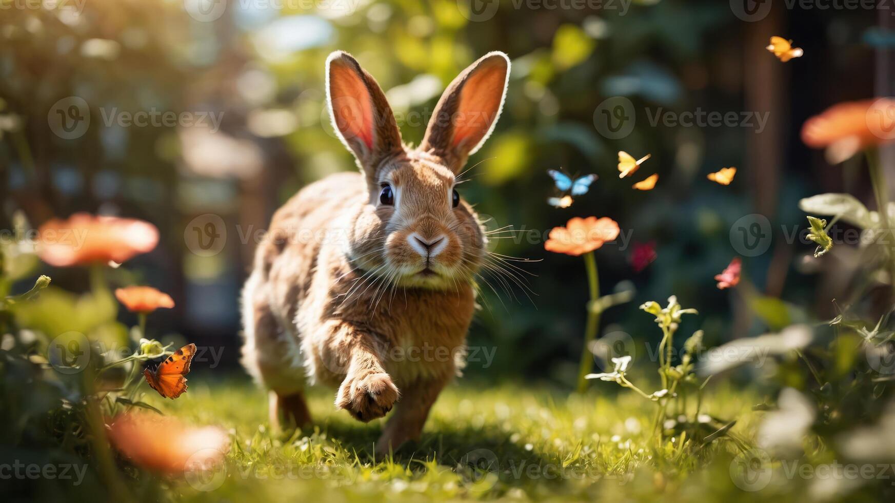A playful rabbit runs through a vibrant garden filled with flowers and butterflies. photo