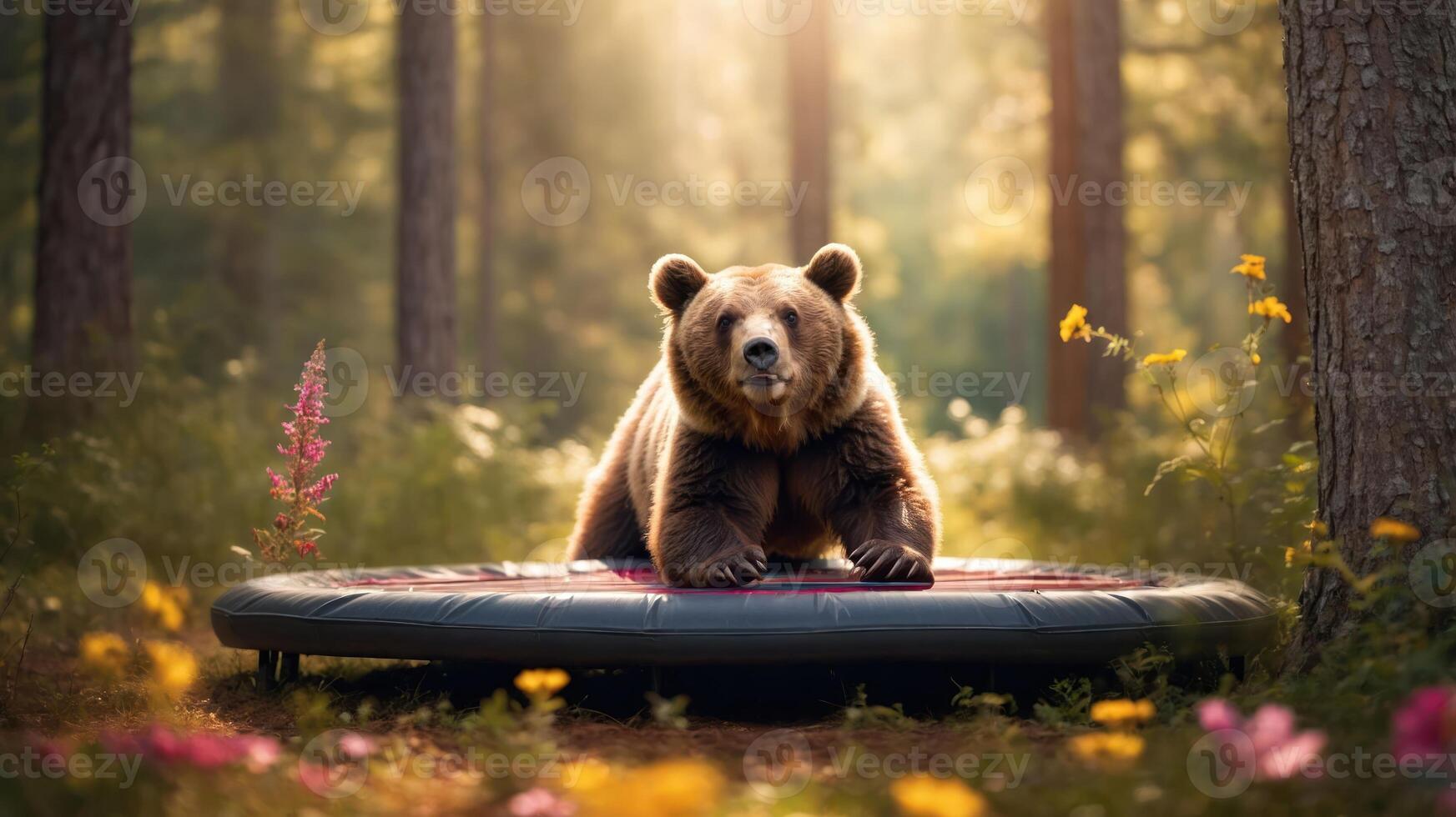 A bear on a trampoline in a sunlit forest surrounded by flowers. photo