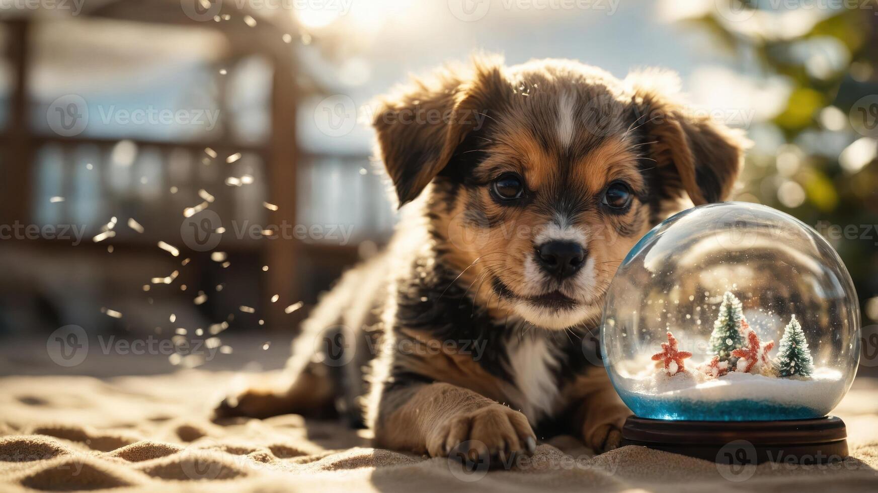 A playful puppy beside a snow globe, capturing a festive winter scene. photo