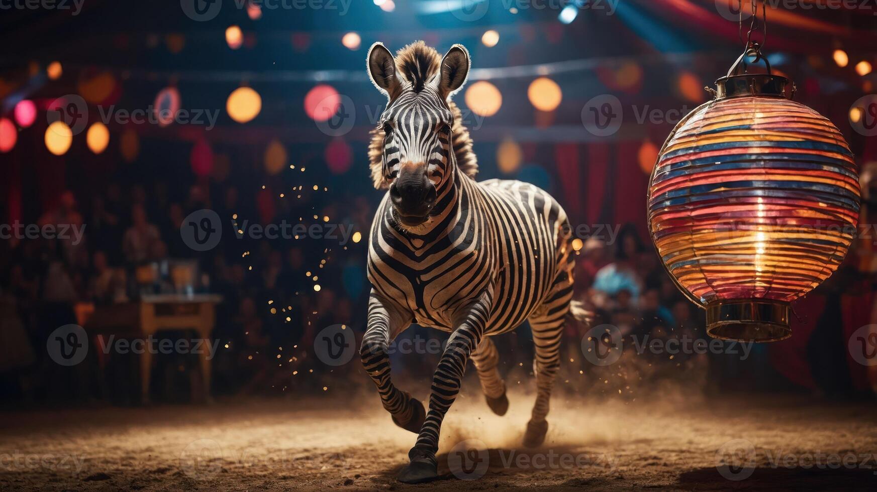 A zebra runs in a vibrant circus setting, illuminated by colorful lights and a hanging lantern. photo