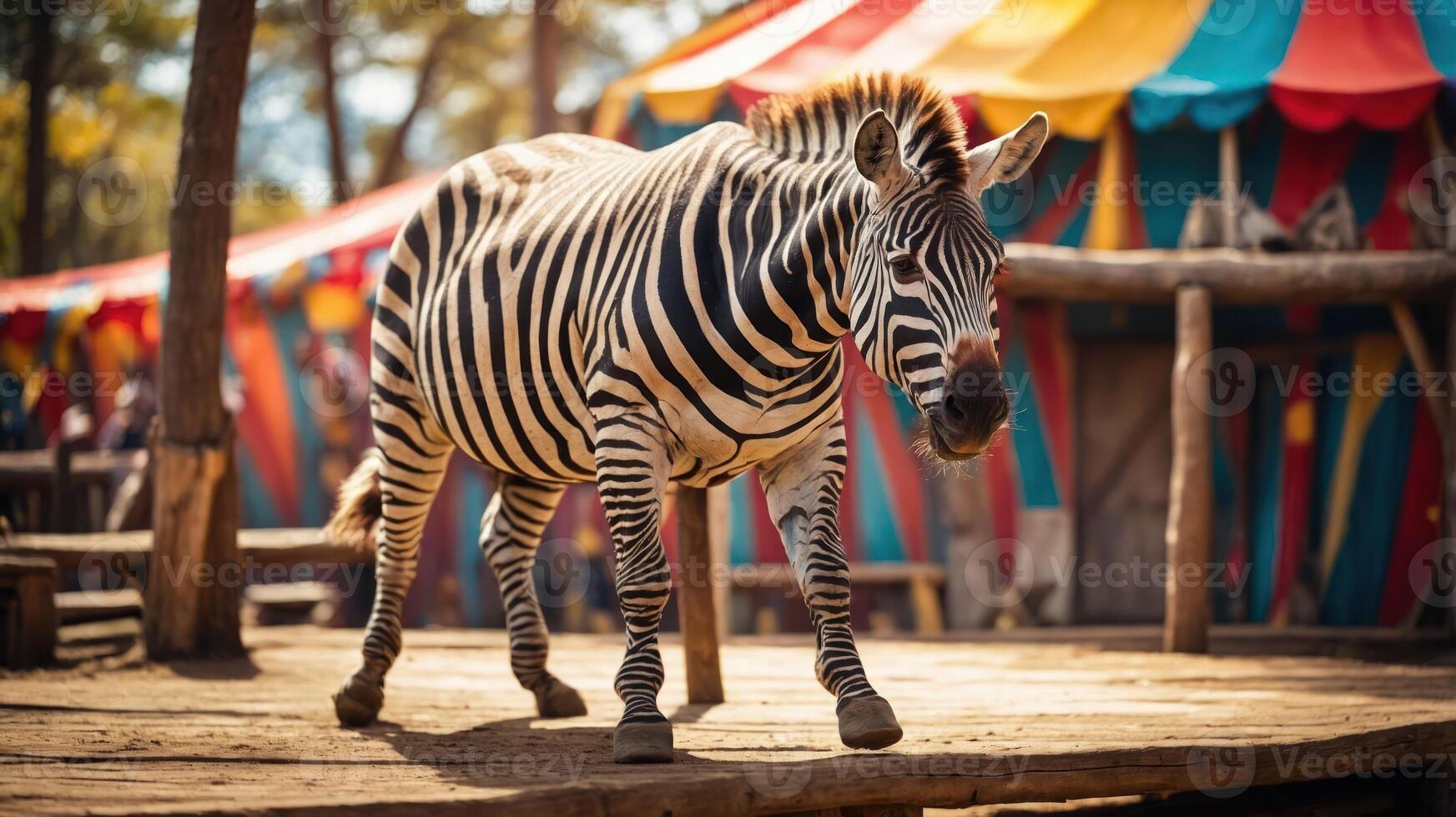 A zebra walks on a wooden platform in a colorful circus setting. photo