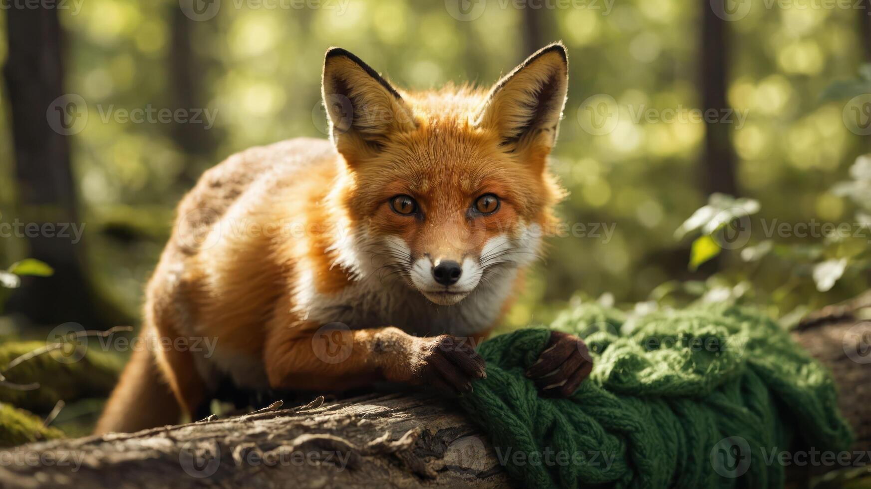 A red fox resting on a log, curiously looking at the viewer in a lush forest setting. photo