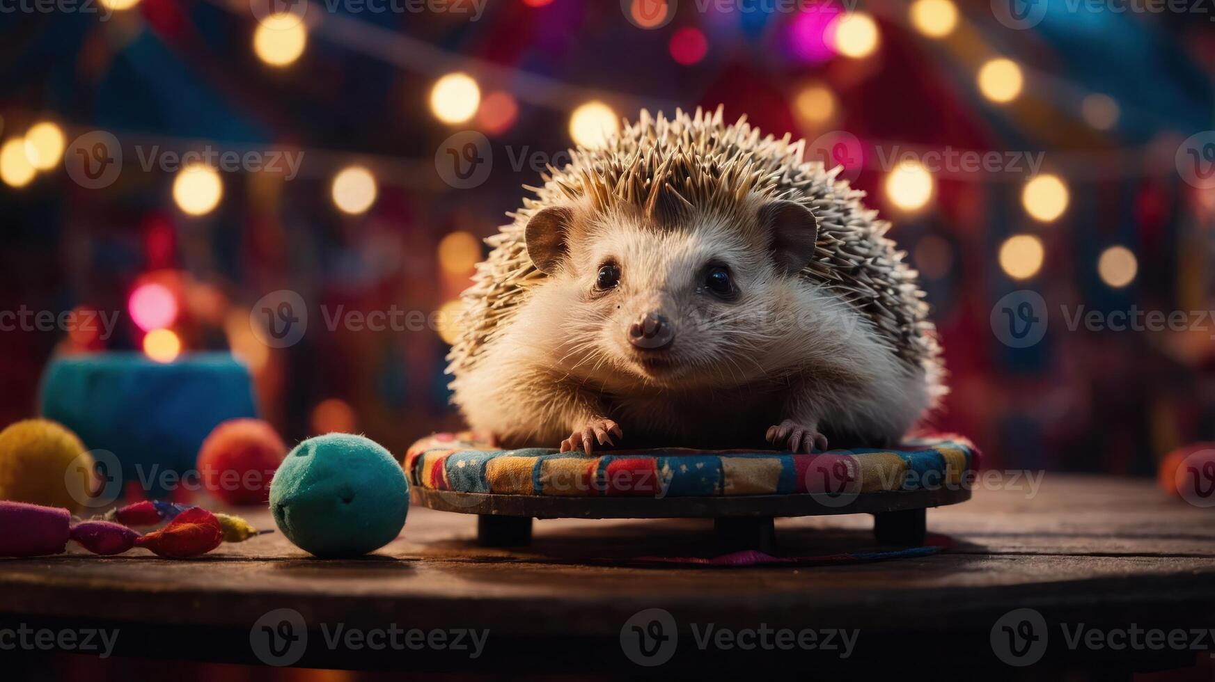 A hedgehog sits on a colorful platform surrounded by vibrant decorations and soft toys. photo