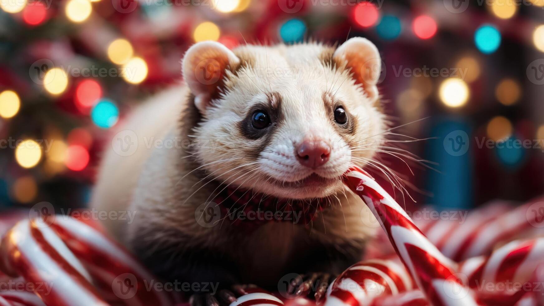 A cute ferret playfully holding a candy cane among festive decorations and lights. photo