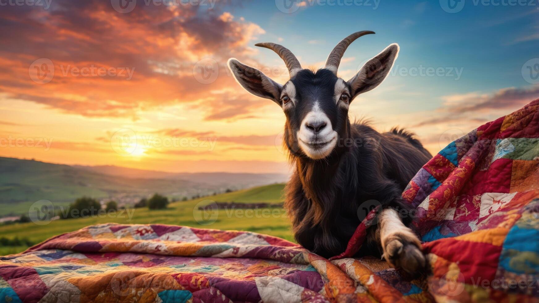 A goat resting on a colorful quilt with a sunset backdrop. photo