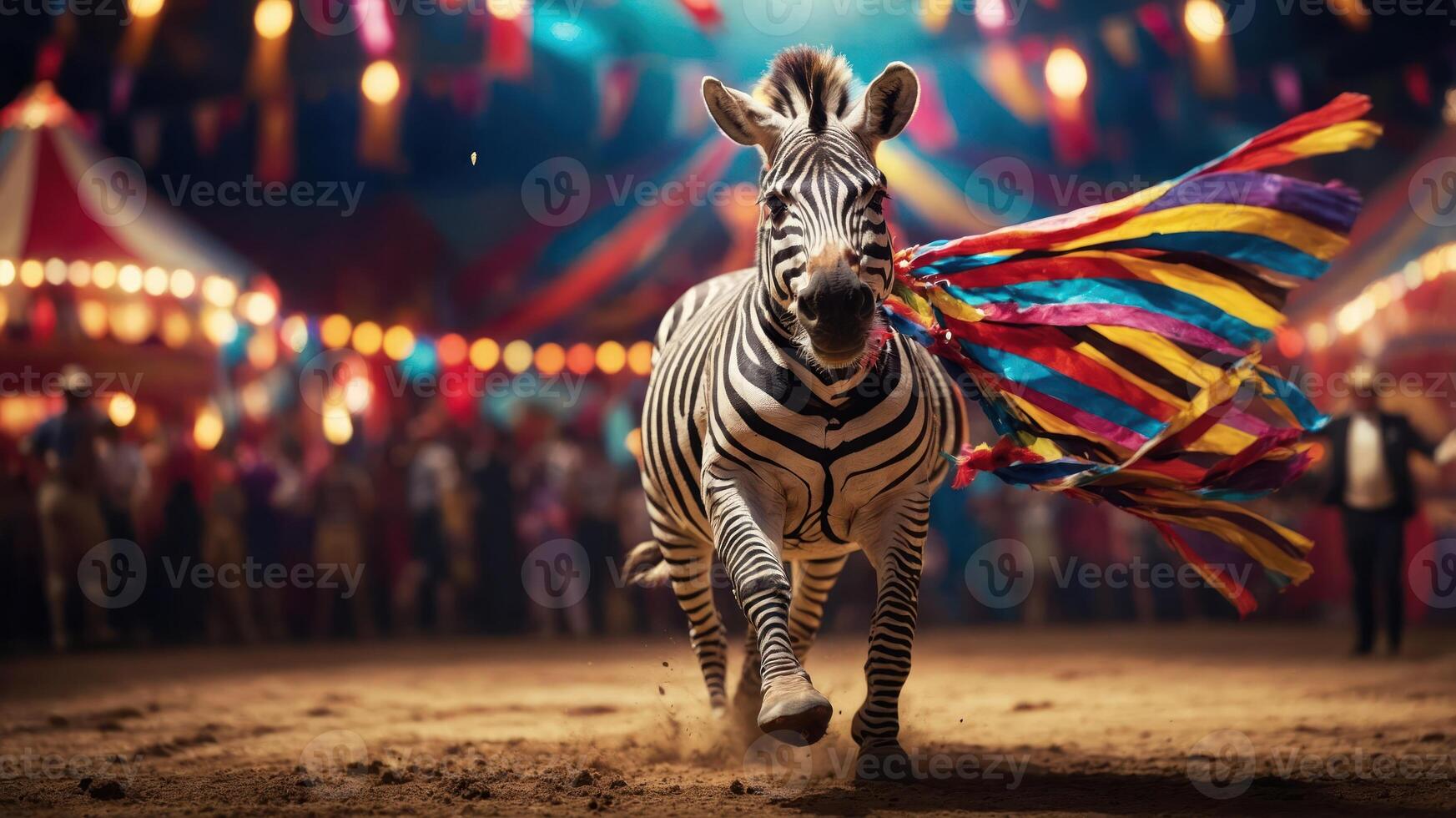 A zebra runs energetically through a colorful circus, trailing vibrant ribbons. photo