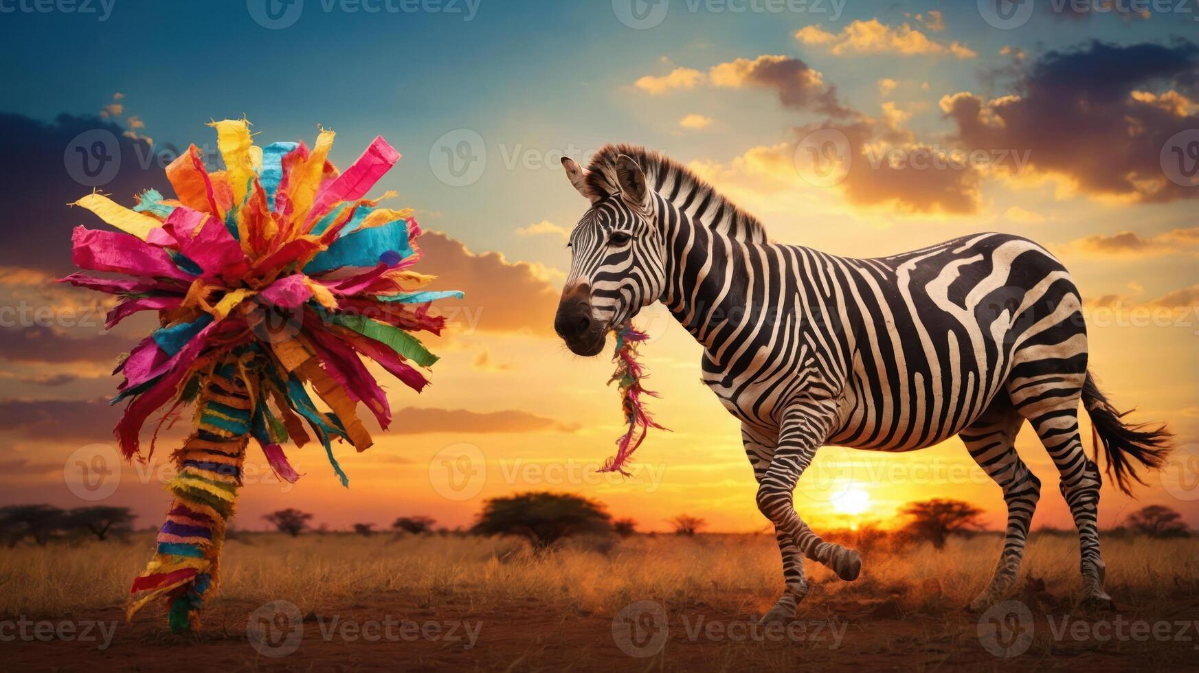 A zebra walks near a colorful, festive decoration at sunset in a savanna landscape. photo