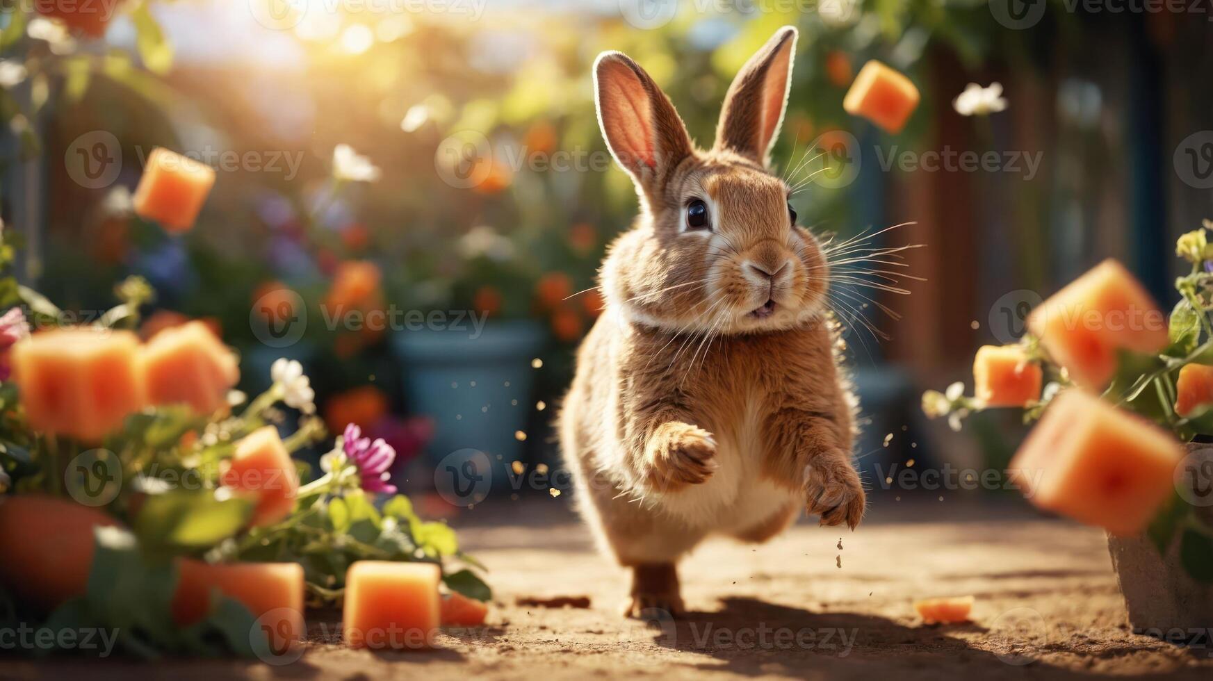 A playful rabbit hops through a garden, surrounded by colorful flowers and melon cubes. photo