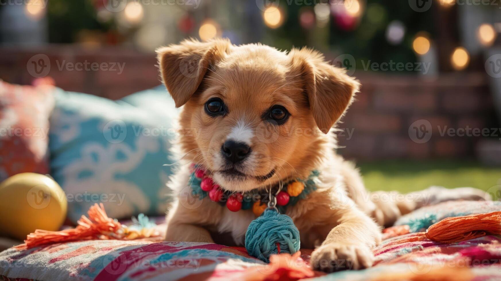 A playful puppy resting on a colorful blanket with festive decorations. photo