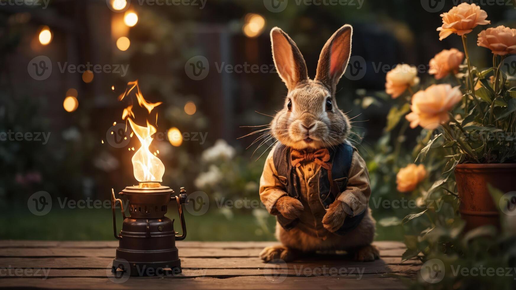 A whimsical rabbit in a vest beside a lantern and flowers, creating a cozy evening scene. photo