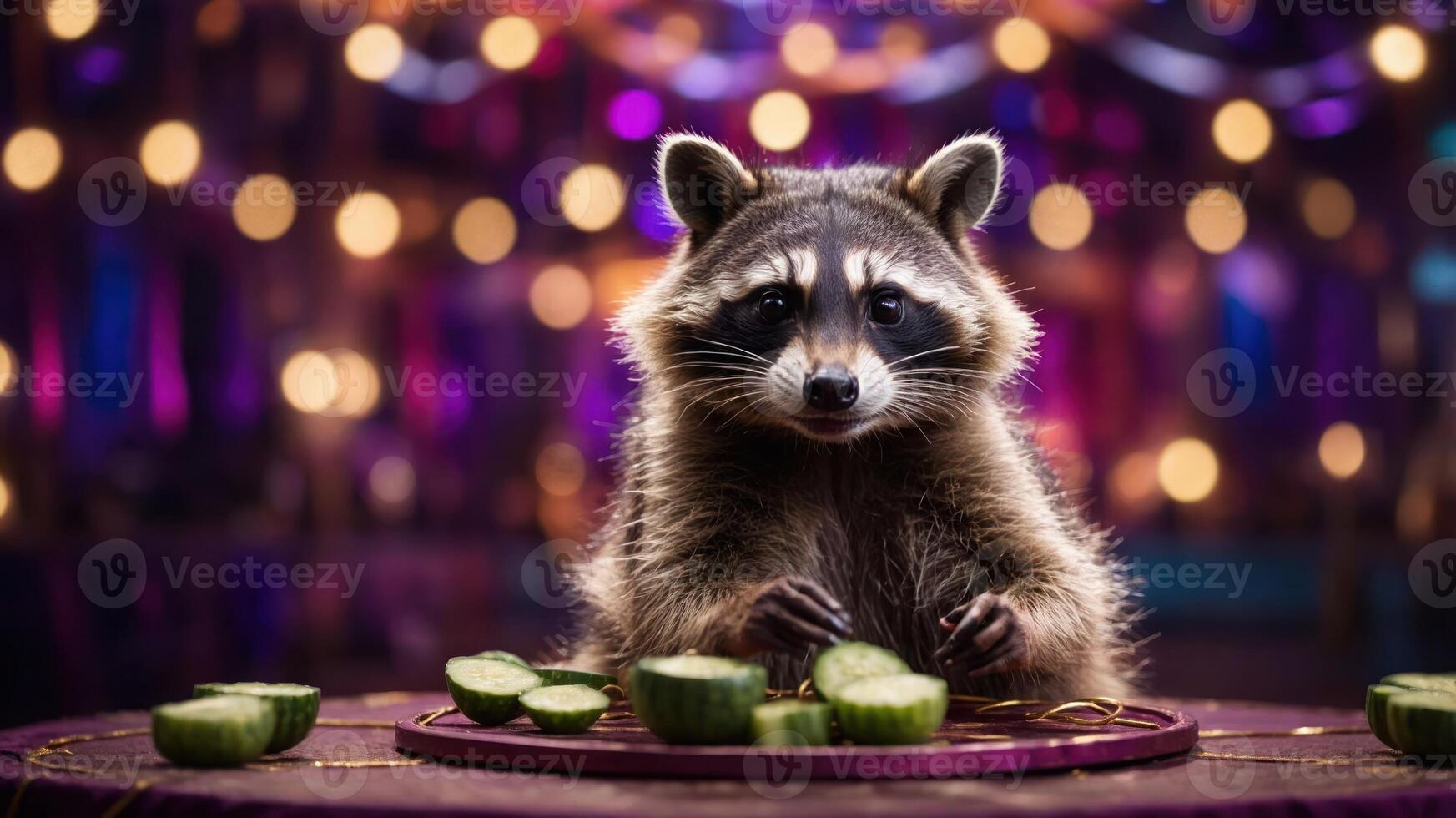 A raccoon sits at a table with sliced cucumbers, surrounded by festive lights. photo