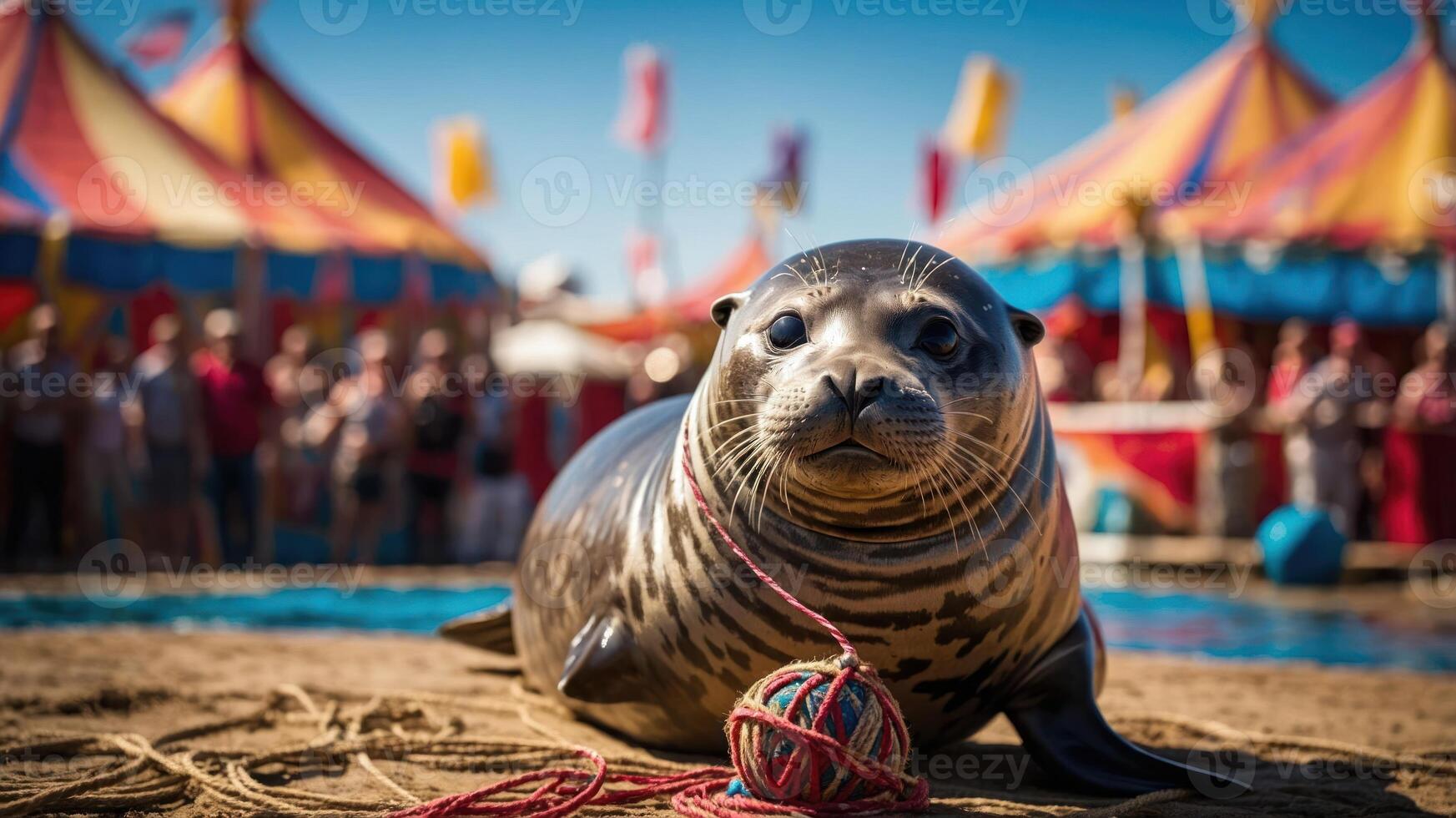 A seal lounging on the beach with a colorful ball, set against a circus backdrop. photo