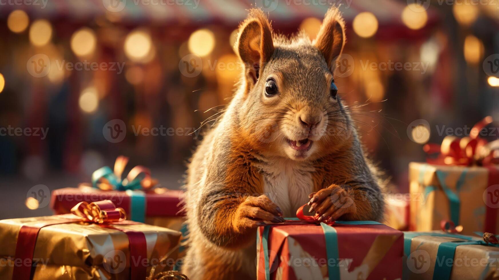 A squirrel joyfully interacting with colorful gift boxes in a festive setting. photo
