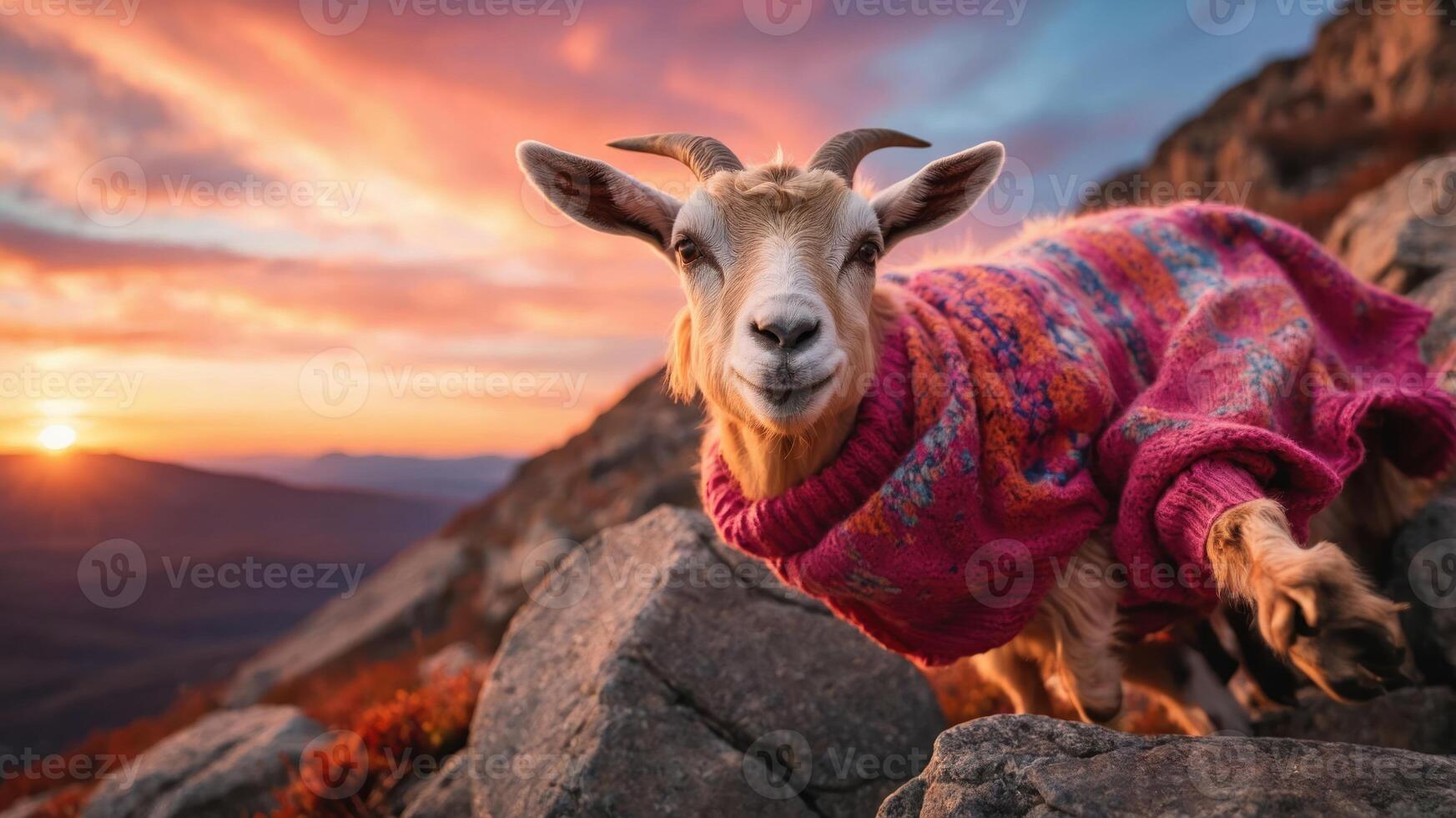 A goat in a colorful sweater poses on rocky terrain during a vibrant sunset. photo