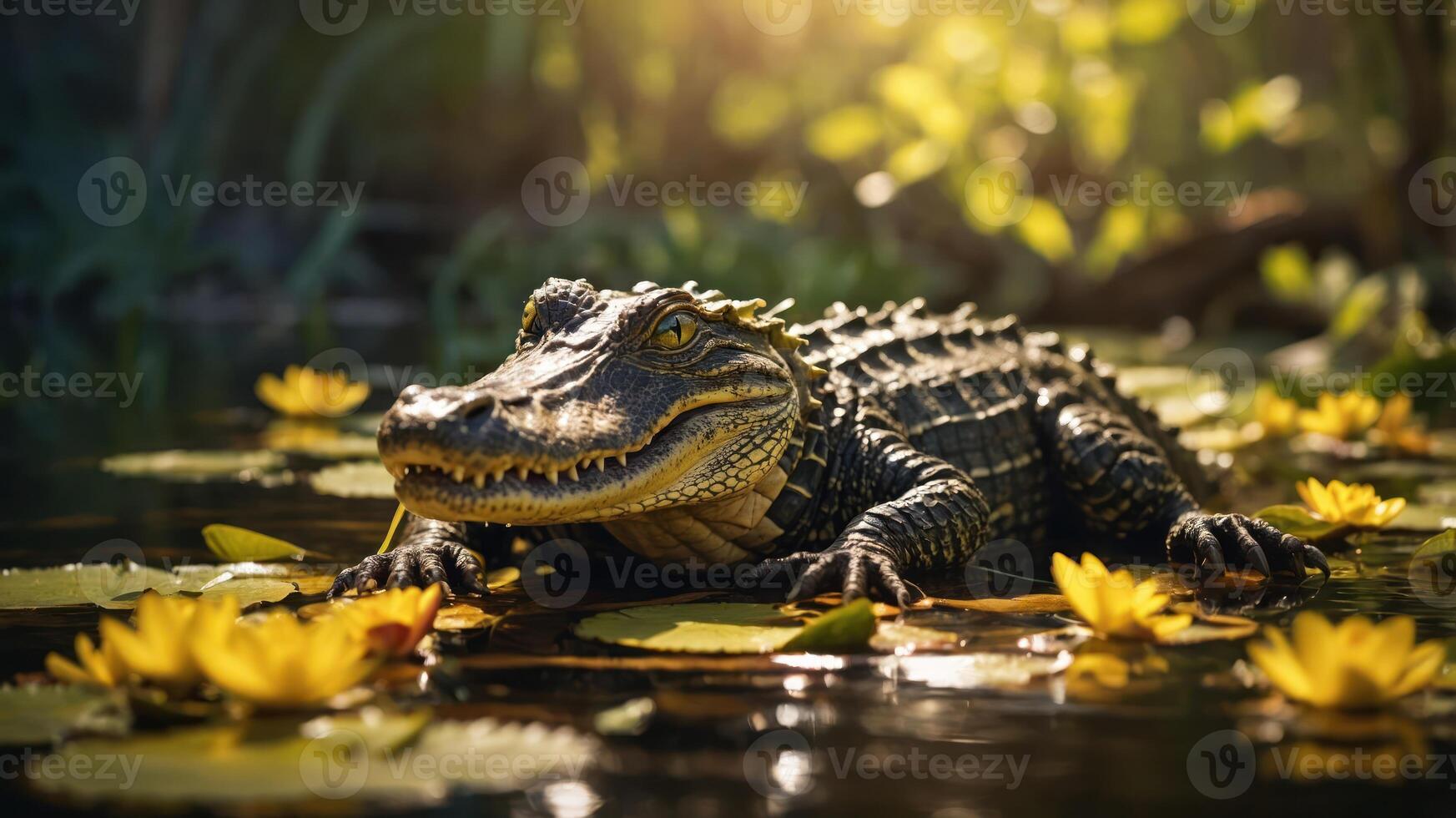 A crocodile resting among water lilies in a serene, sunlit wetland. photo