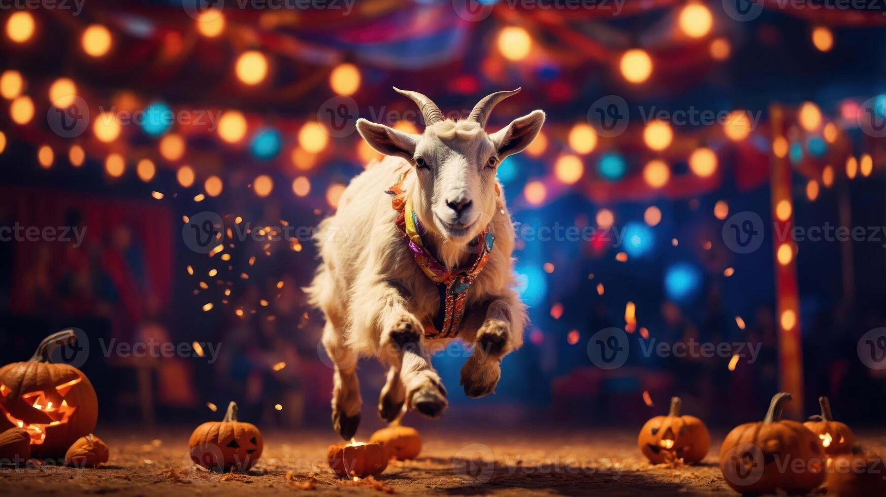 A joyful goat leaps amidst festive pumpkins and colorful lights in a lively atmosphere. photo