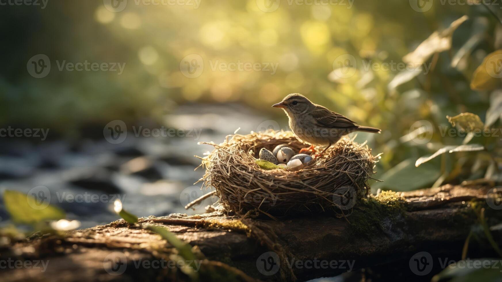 A bird stands guard over its nest filled with eggs in a serene natural setting. photo