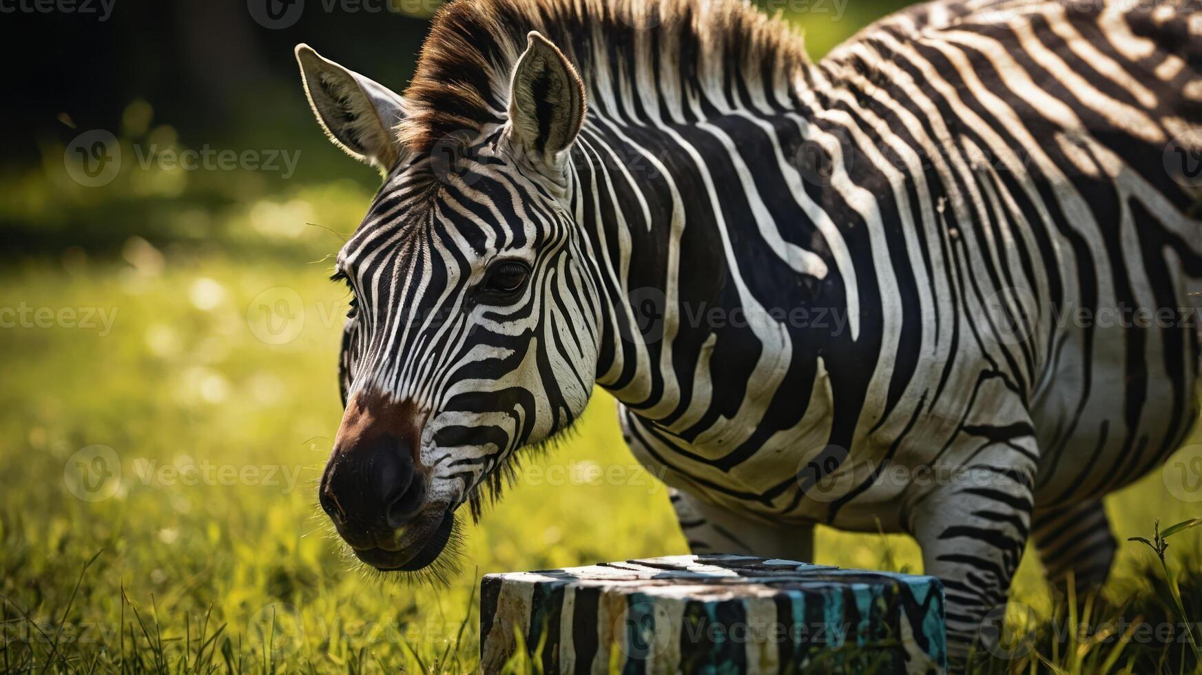 A zebra stands beside a colorful block in a grassy area, illuminated by sunlight. photo
