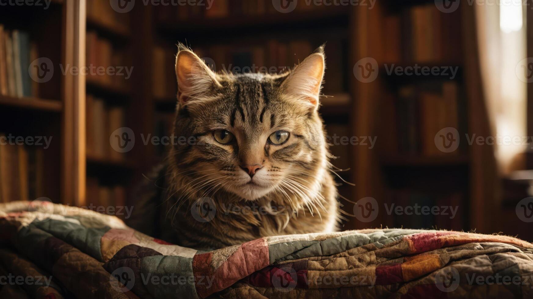 A tabby cat resting on a colorful quilt in a cozy library setting. photo
