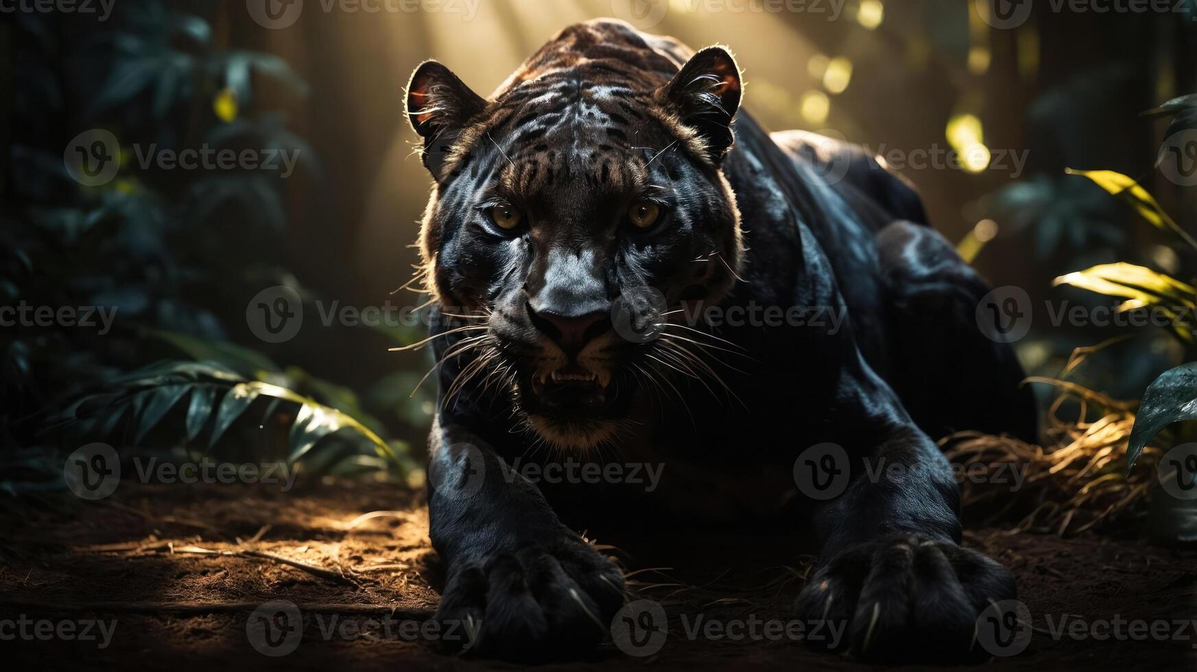 A fierce black panther poised in a lush jungle, illuminated by soft, dramatic lighting. photo