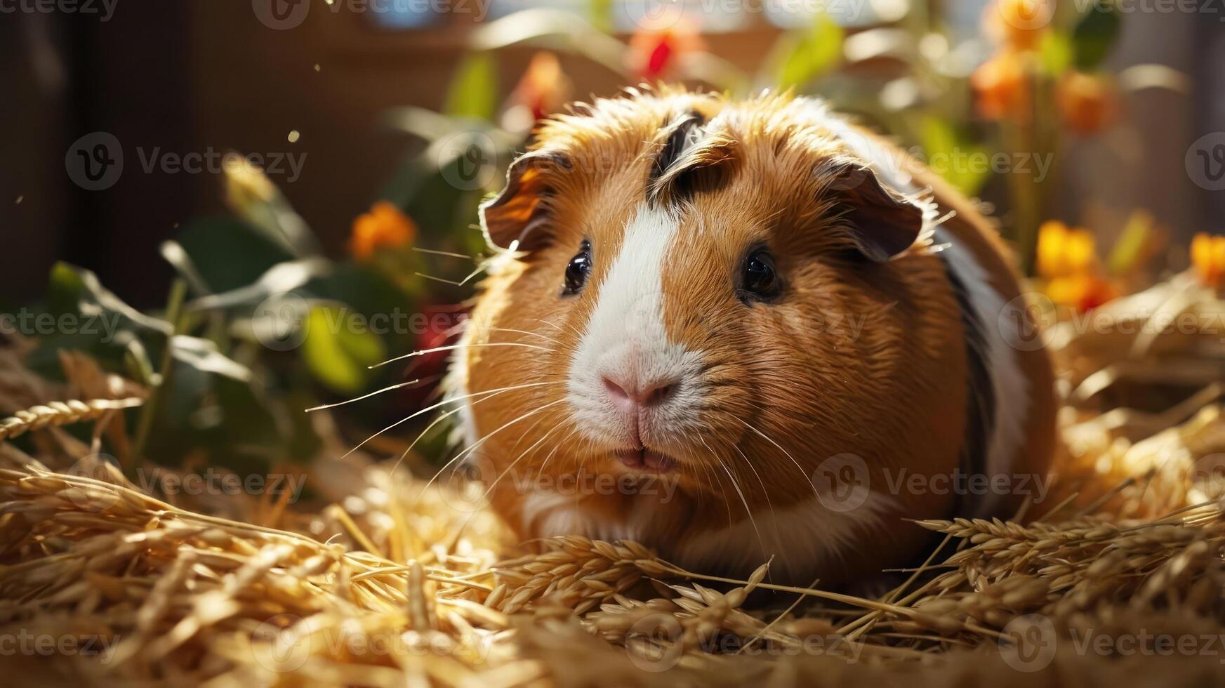 A cute guinea pig resting on hay surrounded by colorful flowers. photo