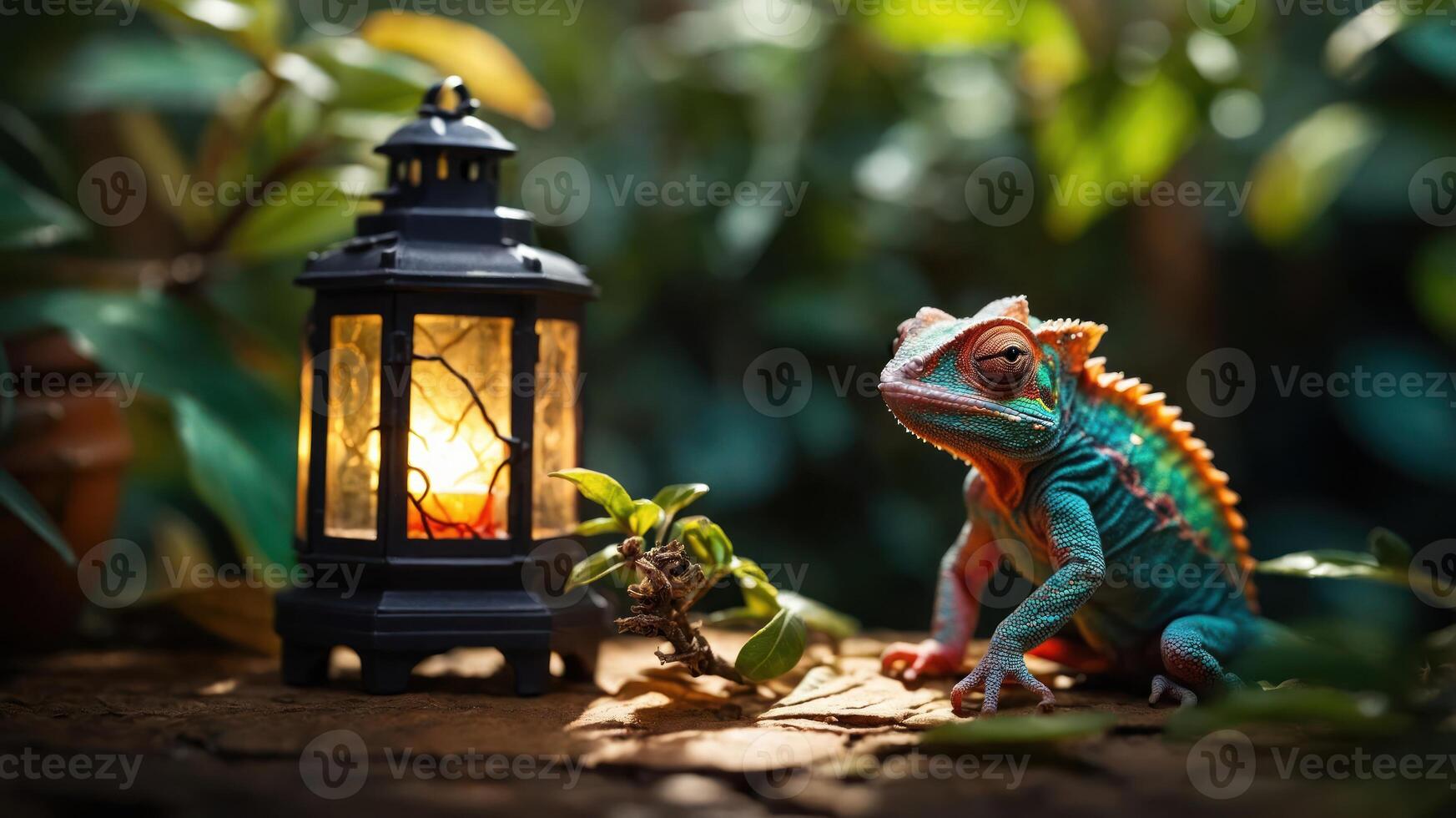 A colorful chameleon sits beside a lantern in a lush, green environment. photo