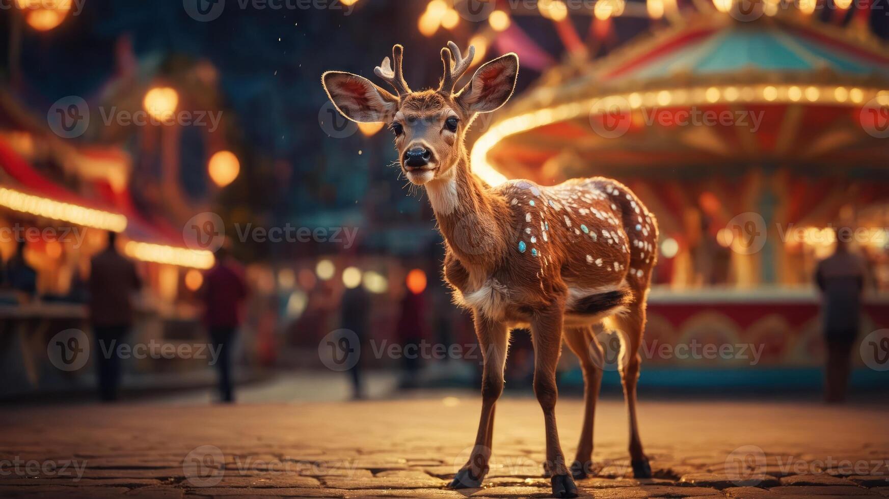 A young deer stands in front of a colorful carousel at dusk, creating a whimsical atmosphere. photo