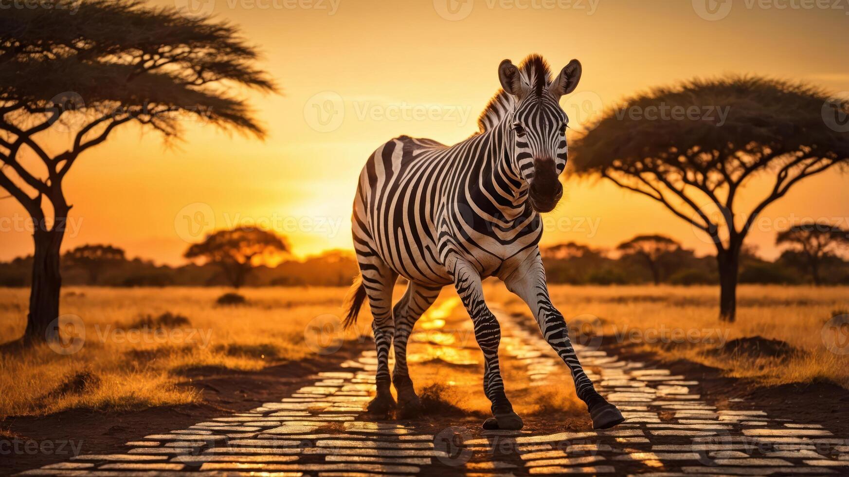 A zebra walking along a path at sunset with silhouettes of trees in the background. photo