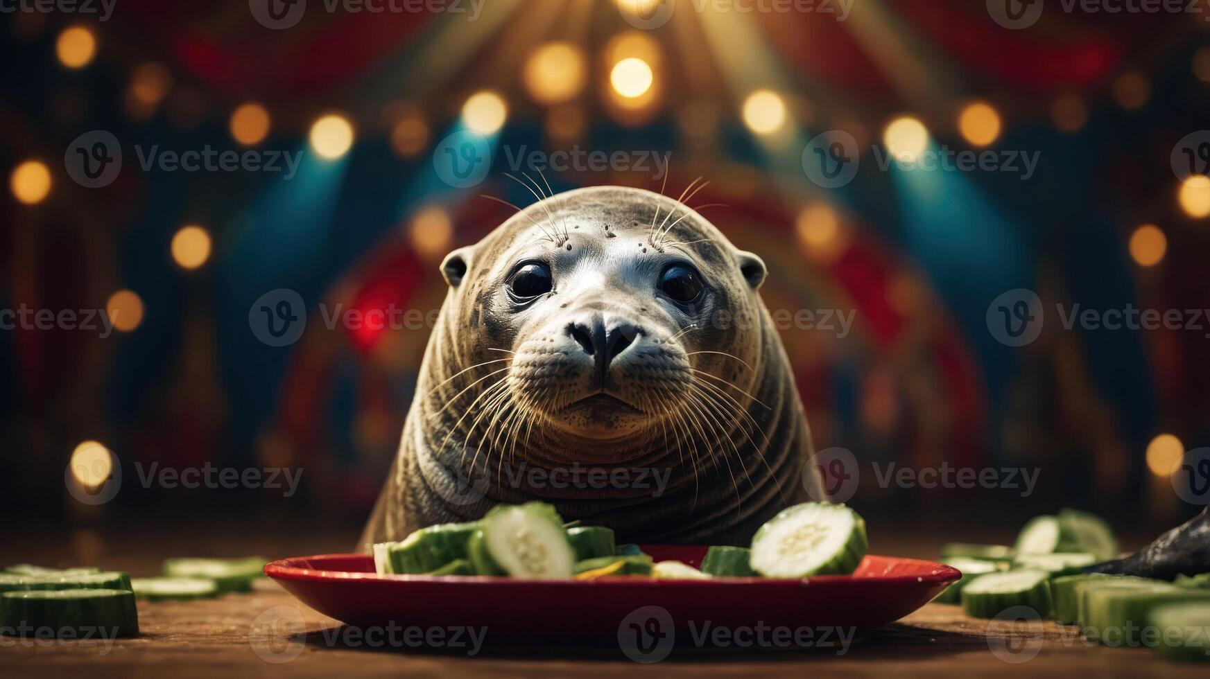 A seal sits in a circus setting, surrounded by cucumber slices on a plate. photo