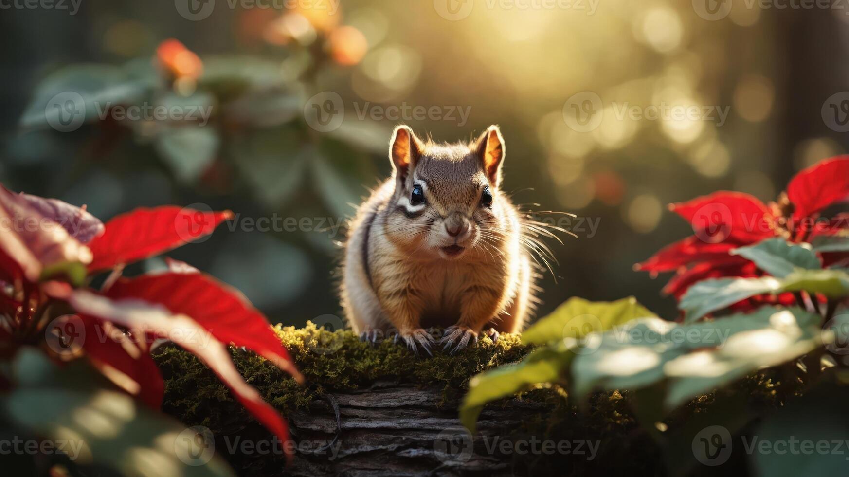 A chipmunk sits on a mossy log surrounded by vibrant foliage in a sunlit forest. photo