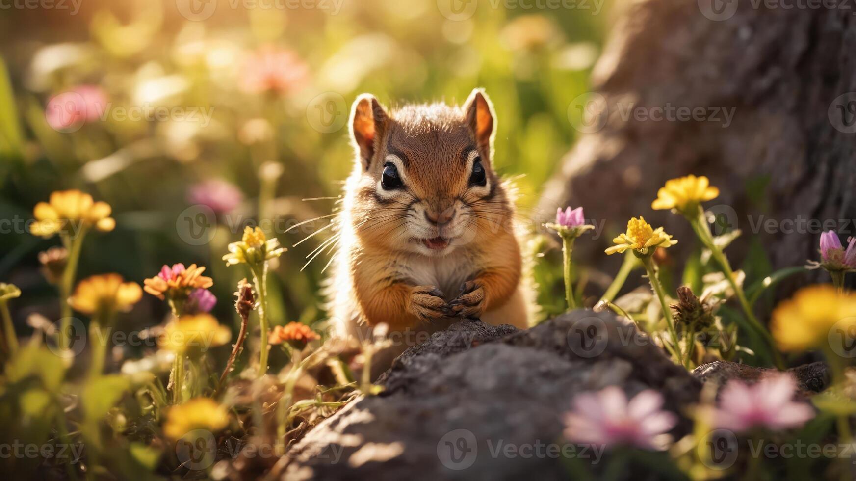 A cute chipmunk sitting among colorful wildflowers in a sunlit meadow. photo