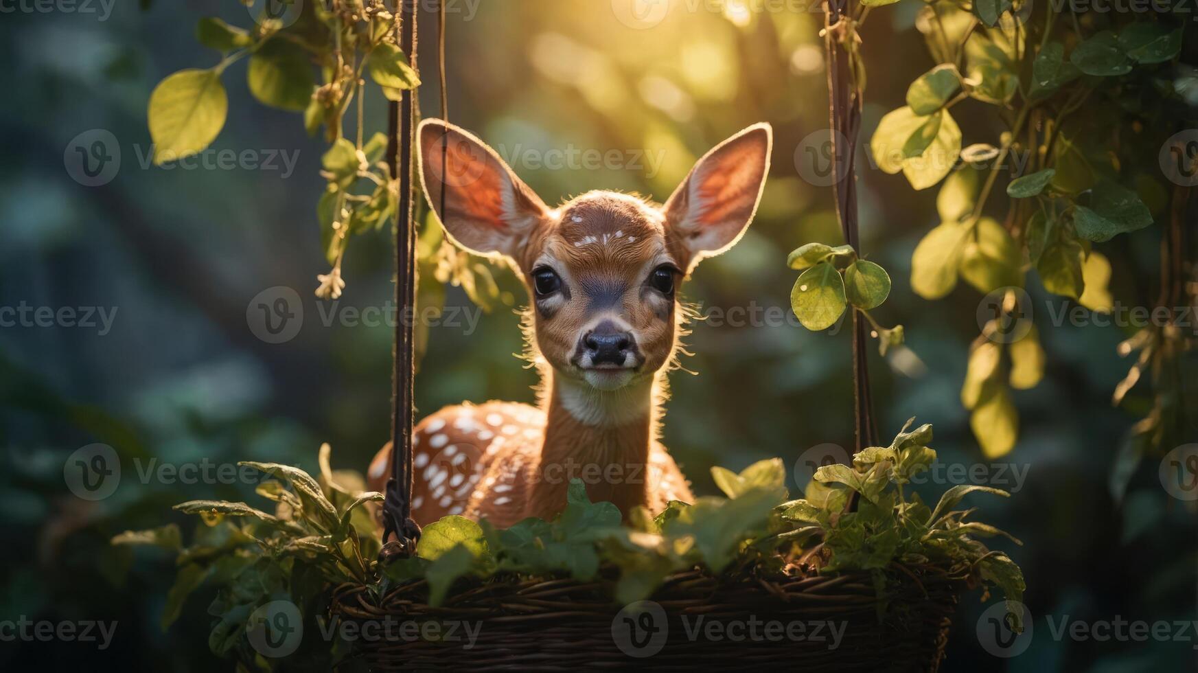A fawn peeks out from a woven basket surrounded by lush greenery in a serene forest setting. photo