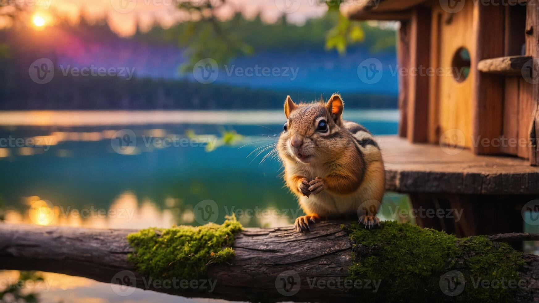 A chipmunk perched on a mossy branch near a serene lake at sunset. photo