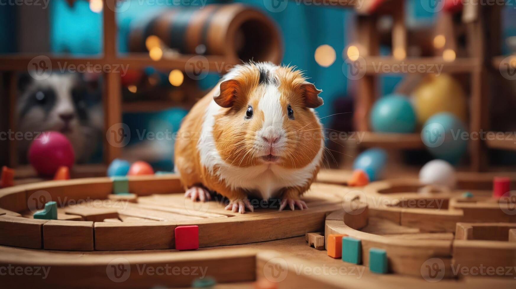 A cute guinea pig on a wooden maze with colorful balls and a playful background. photo