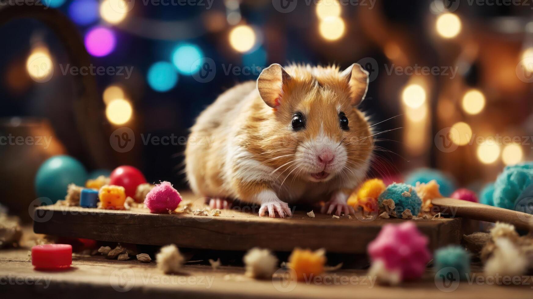 A cute hamster sits on a wooden platform surrounded by colorful toys and soft bedding. photo